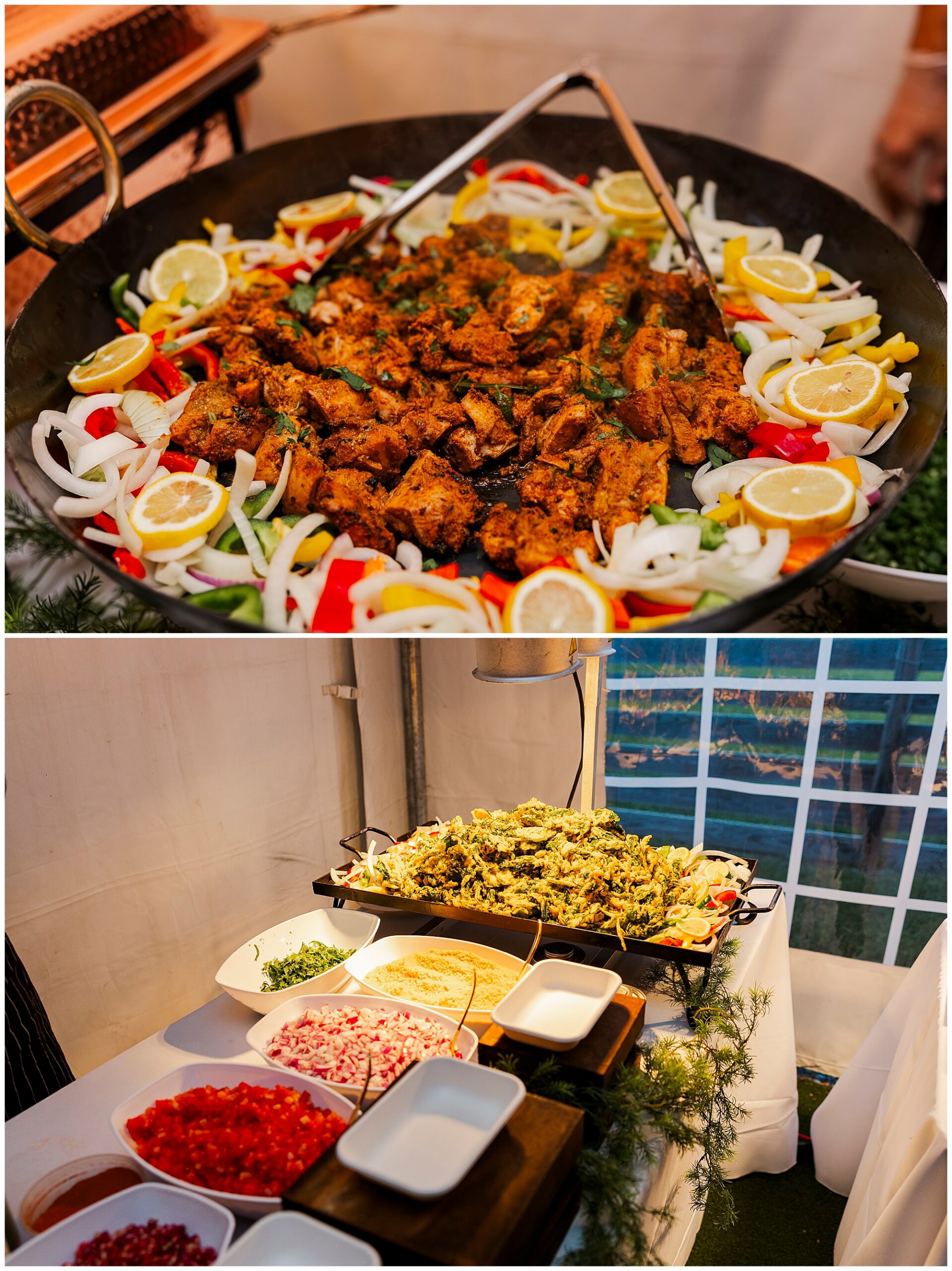 Large pan of grilled chicken with lemon slices, onions and peppers, and a buffet of toppings, dips and salads.