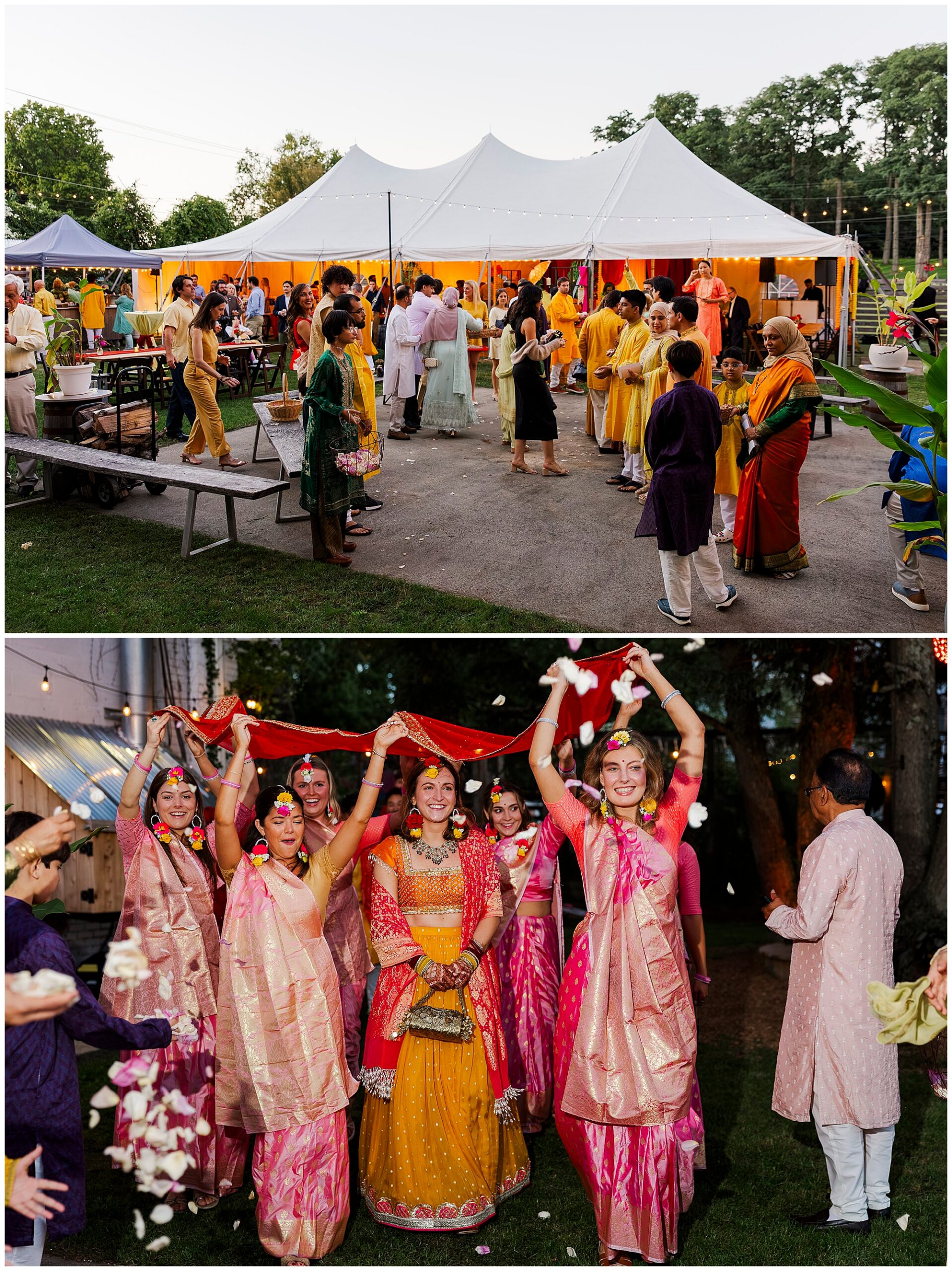 Guests in colorful attire gather near a white tent, and women in pink and orange lift a red cloth above the smiling seated bride as flower petals fall.