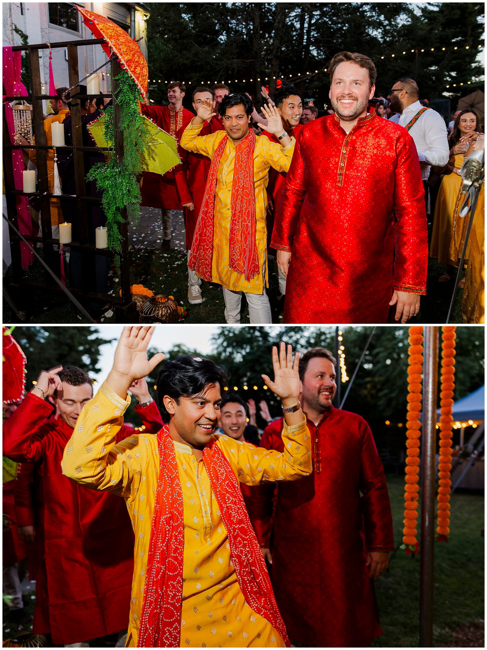 Two men in red and yellow traditional attire dance joyfully among guests in bright clothing.
