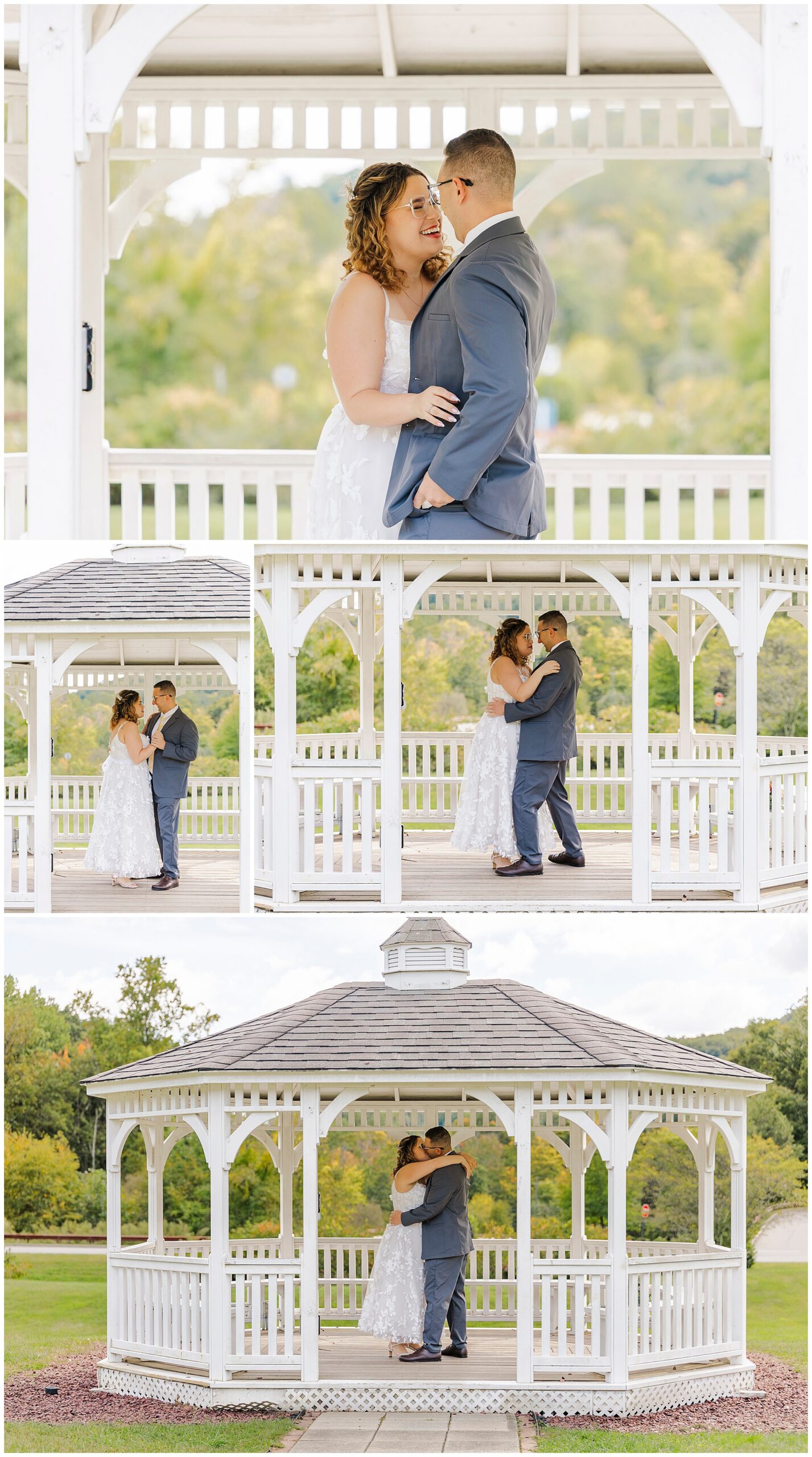 Bride and groom embrace and smile inside the white gazebo at their Kent Public Library elopement.