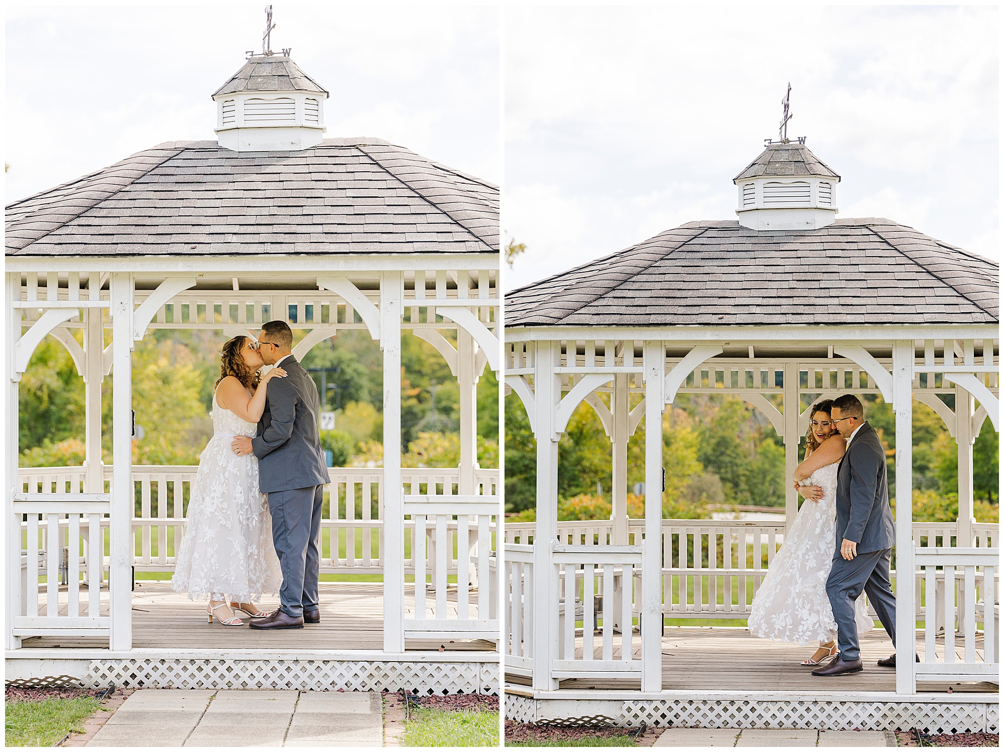 Newlyweds embrace and kiss under a white gazebo, then walk together smiling and holding hands.