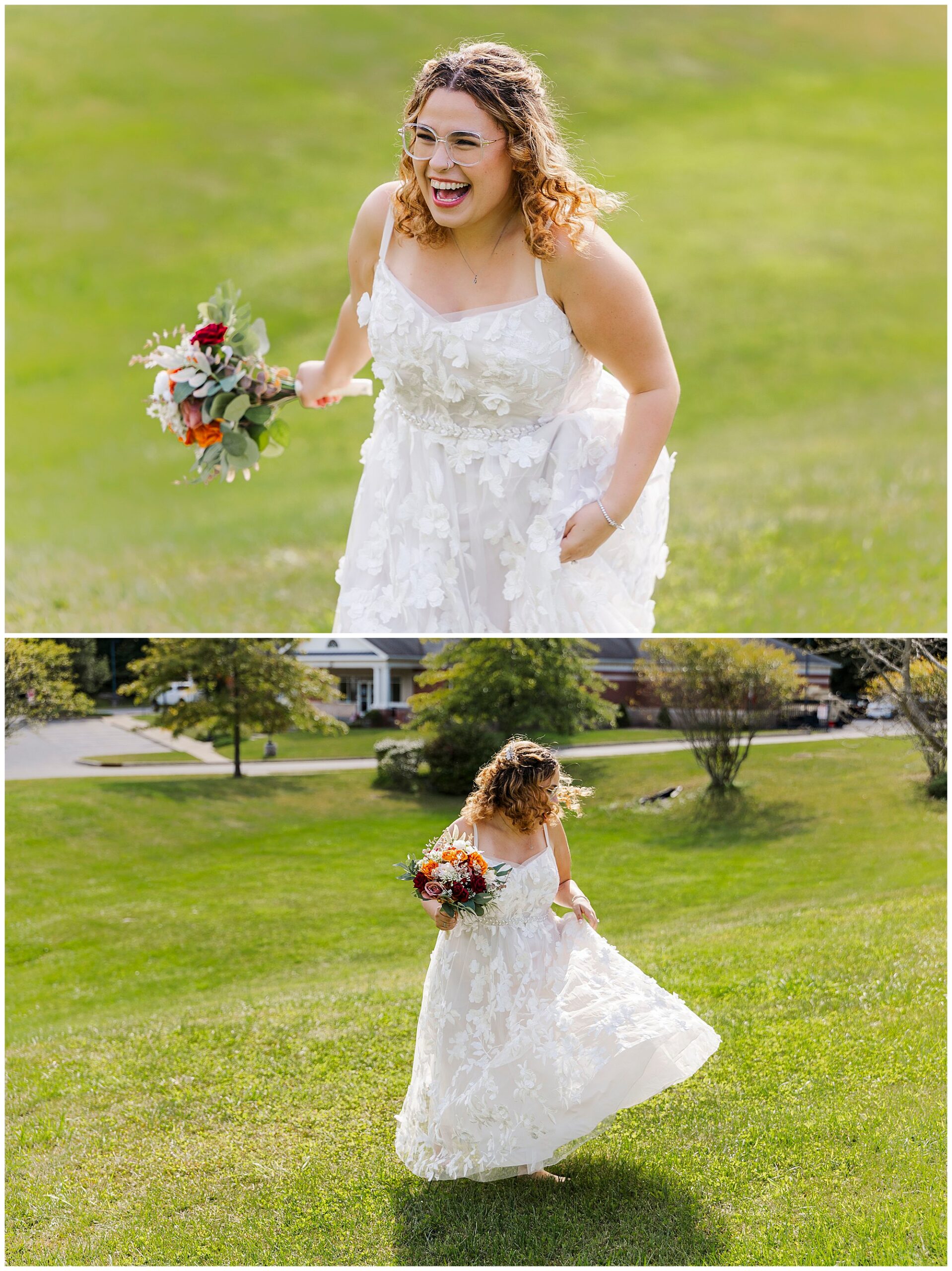 Bride laughs while walking and spinning on the grass with her bouquet on a sunny day.