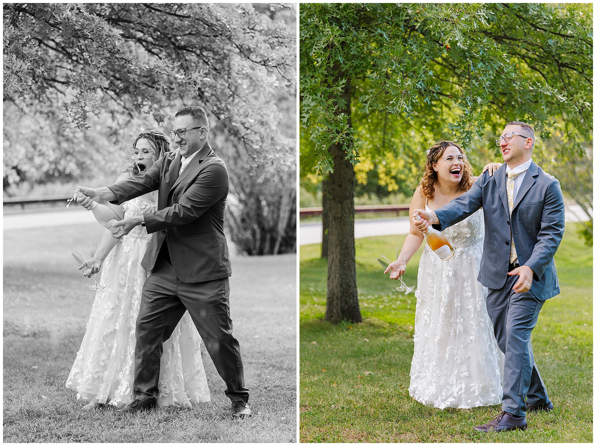 Newlyweds laugh and dance with champagne glasses among the trees, in black and white and in color.