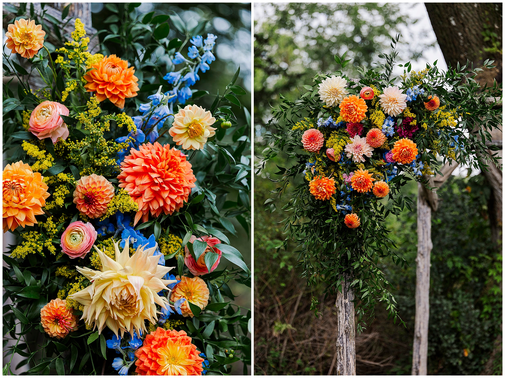 Colorful flower arrangements with orange, yellow, pink, and blue blooms and green leaves decorate a wooden arch outdoors, set against a backdrop of leafy trees and greenery.