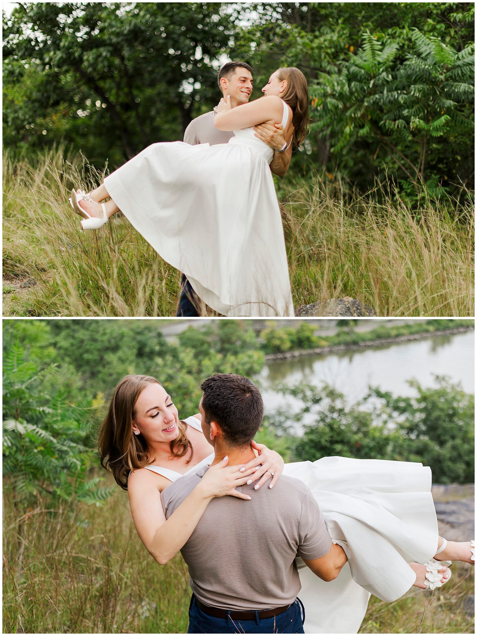 Man in jeans and a t-shirt carries his smiling fiancee through tall grass with the river behind them.