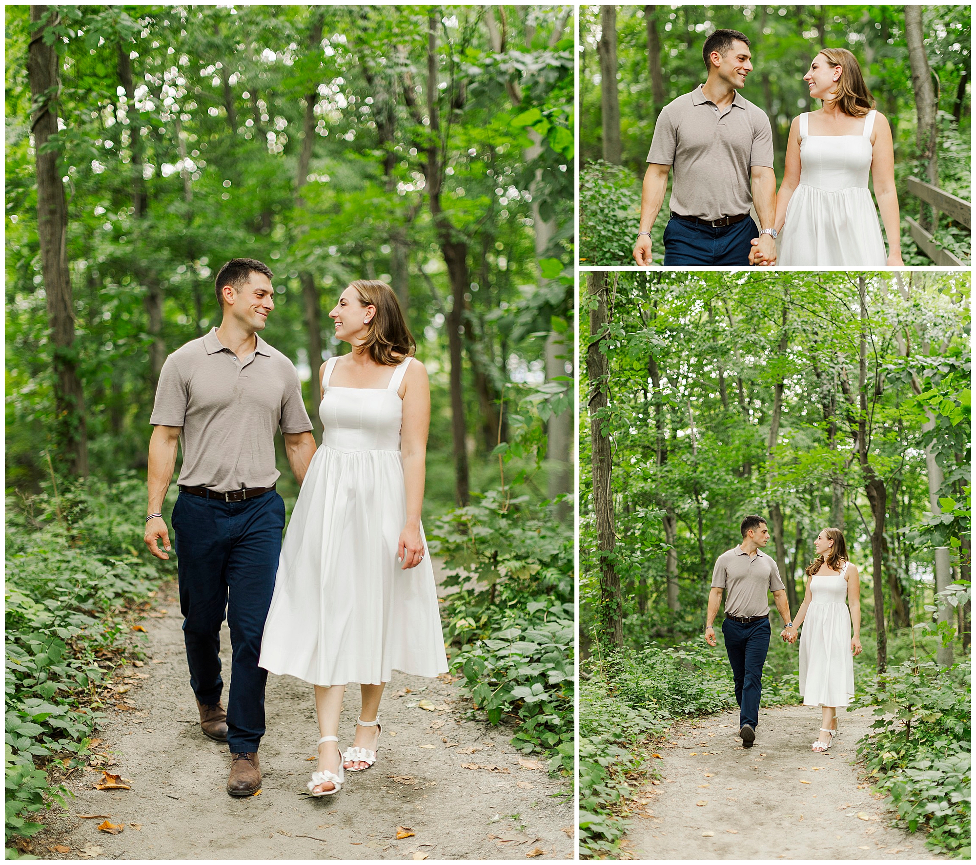 Couple walks hand in hand along a forest path, smiling among the green trees.