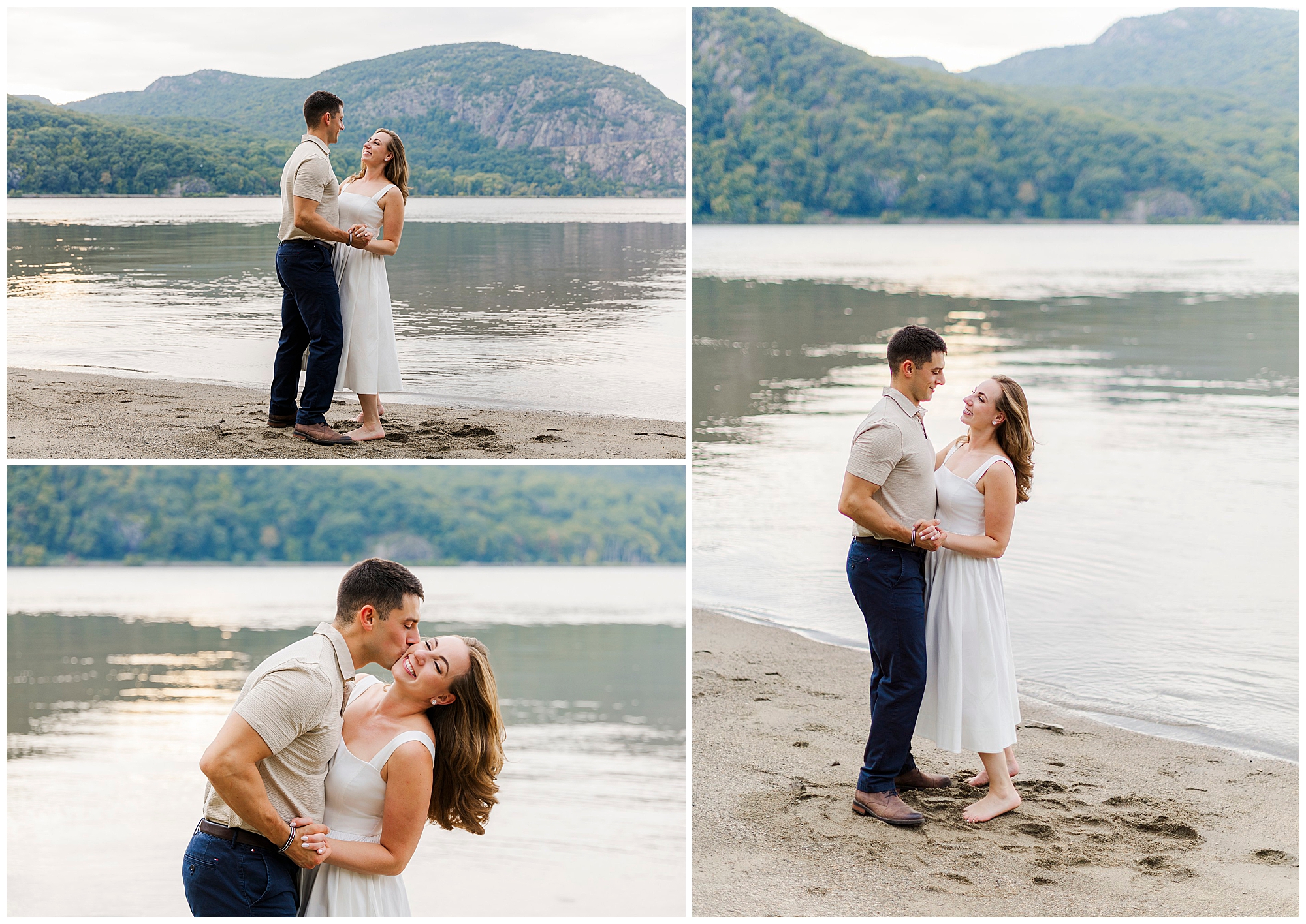 Couple embraces on the sandy shore under a soft, cloudy sky during their Little Stony Point Park engagement session.