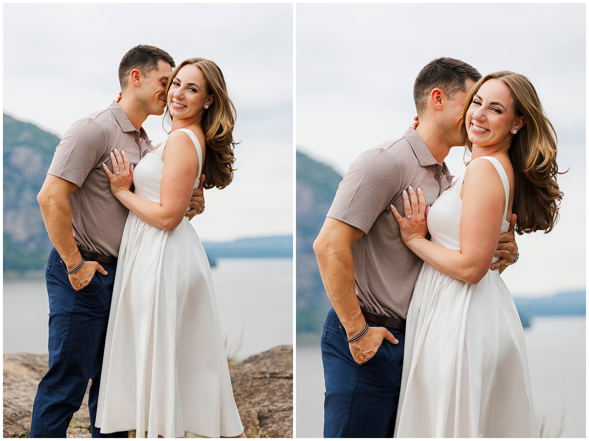 Man in a taupe shirt leans in close as the woman in a white dress smiles warmly at the camera.