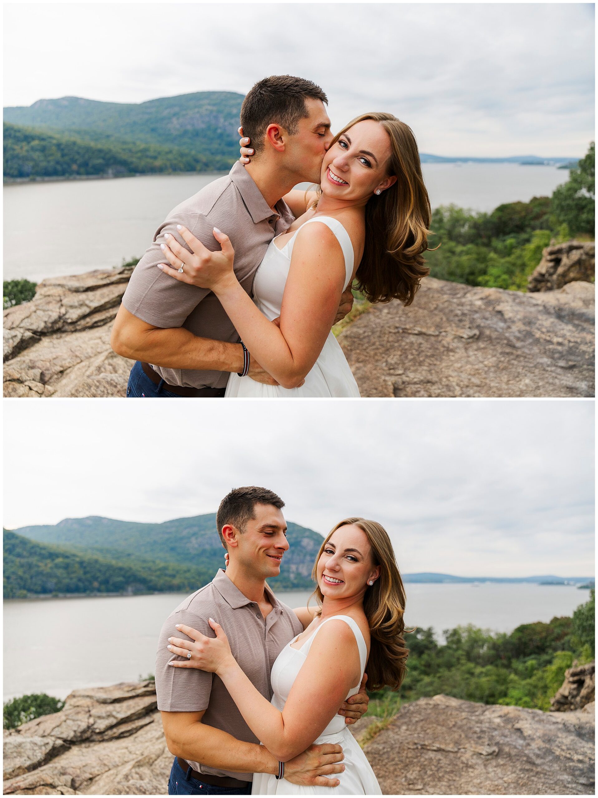Couple smiles on a rocky overlook above the Hudson River in Cold Spring, with forested mountains behind them.