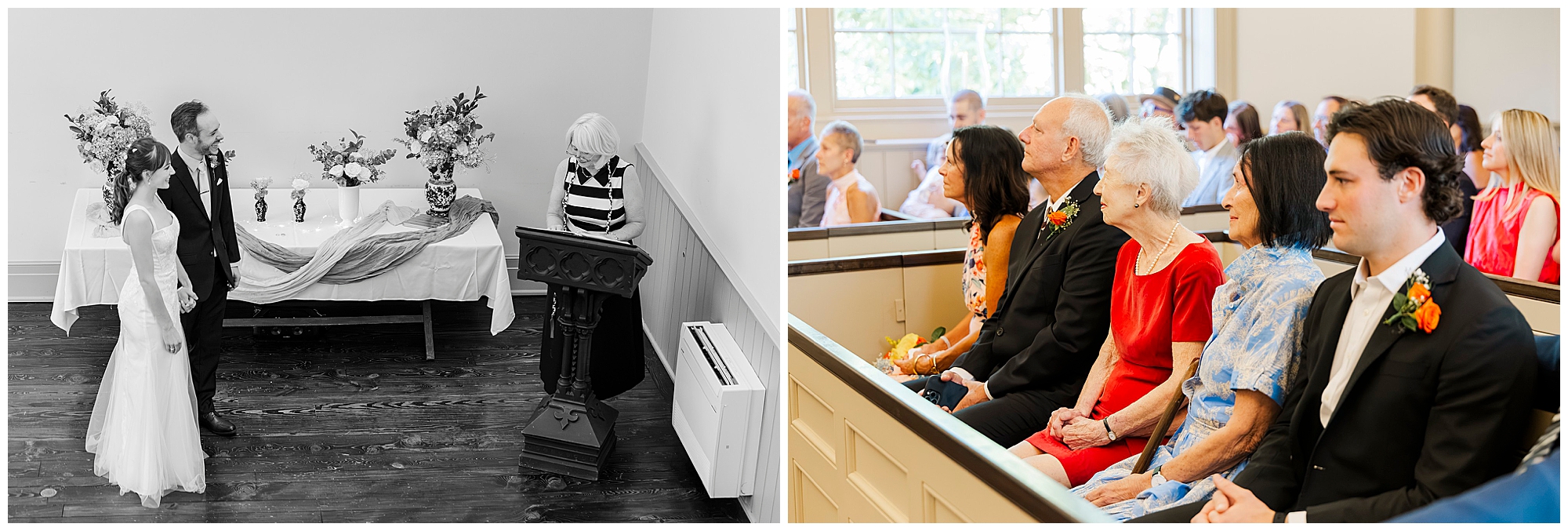 Couple stands before their officiant on the left, and formally dressed guests watch from their seats on the right.