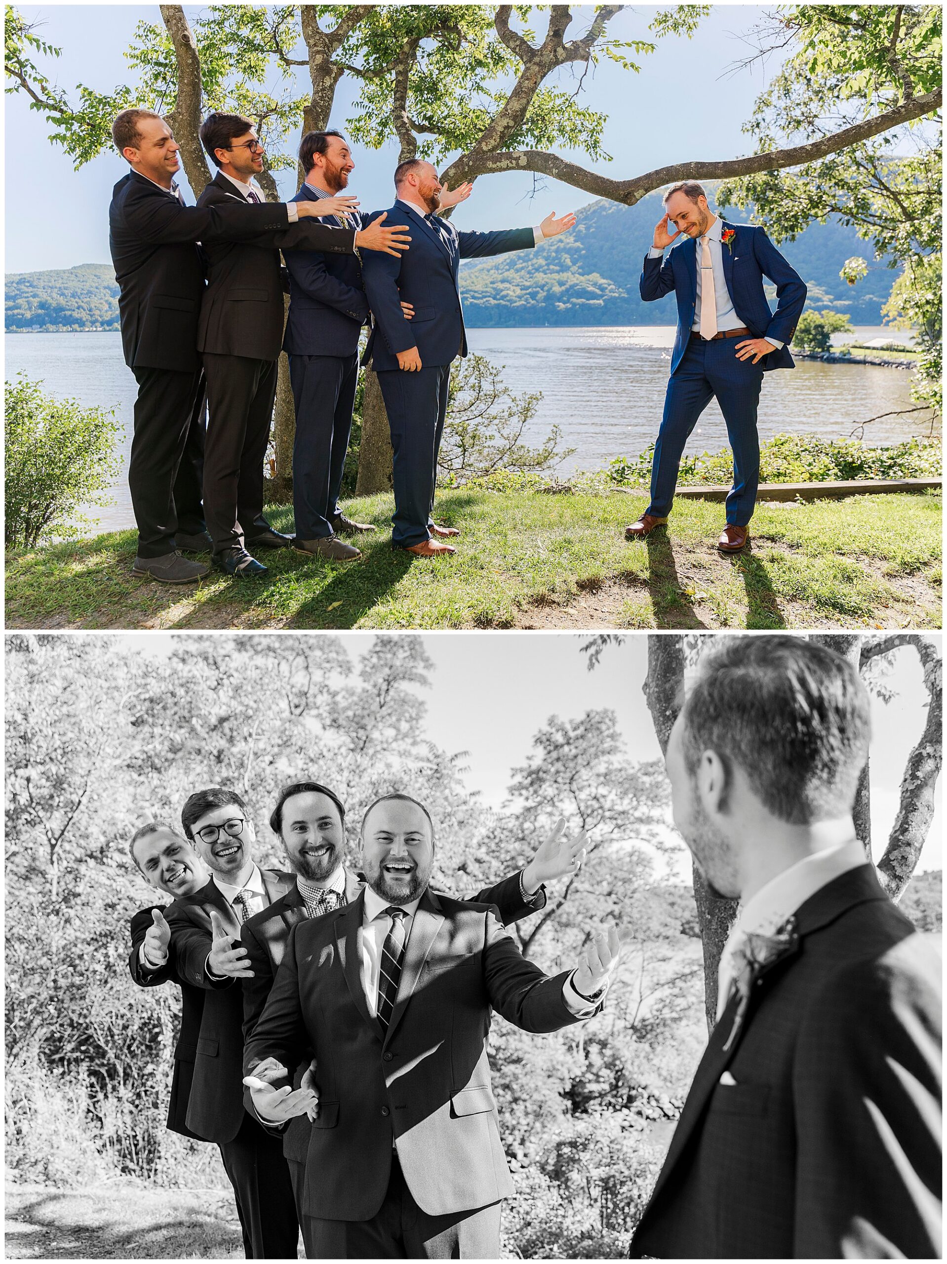 Four men in suits gesture excitedly toward the groom in a blue suit as he poses by the river, in color and in black and white.