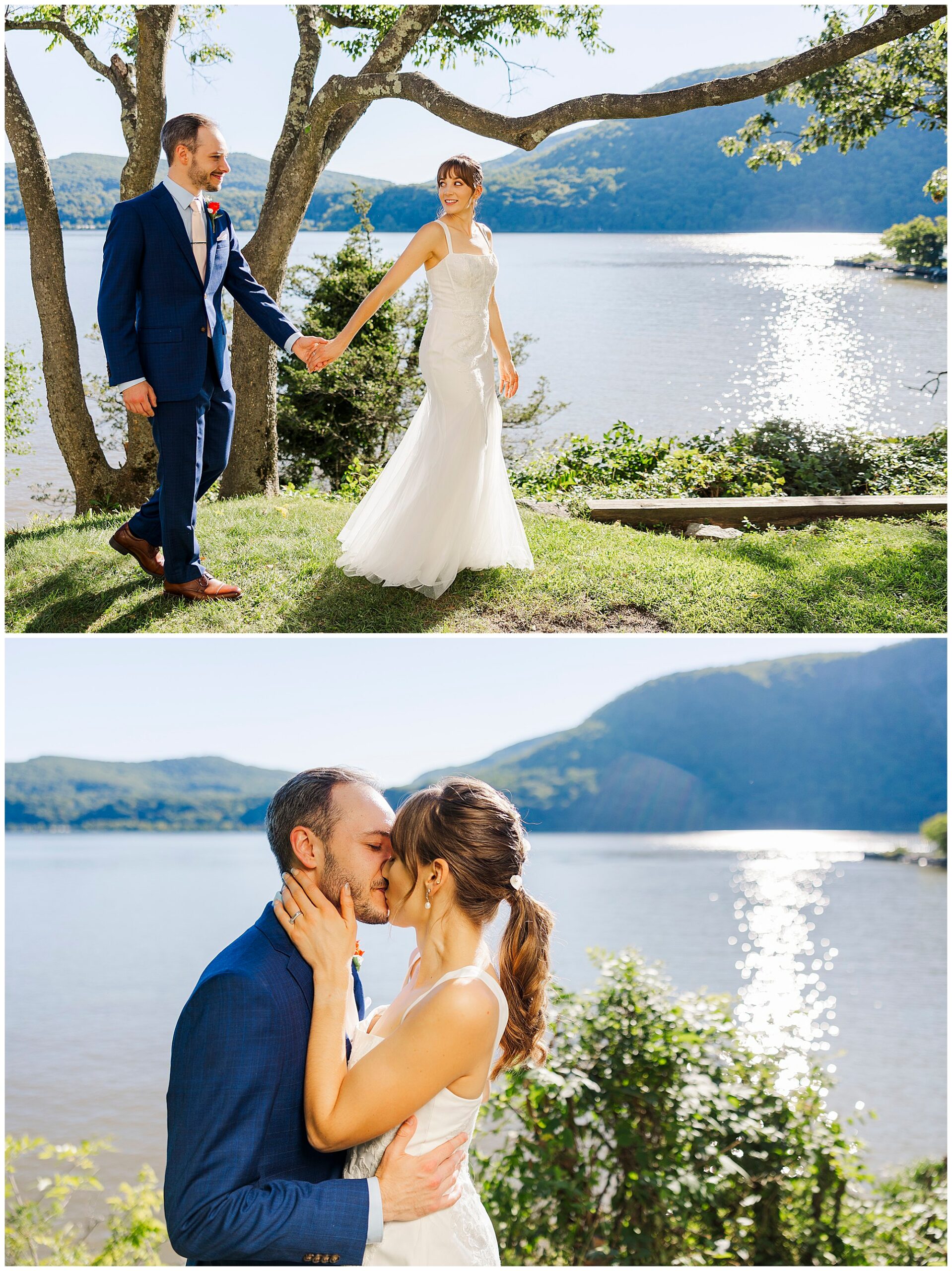 Bride and groom hold hands by the Hudson River, then share a kiss, in portraits by Hudson Valley wedding photographers Megan and Kenneth.