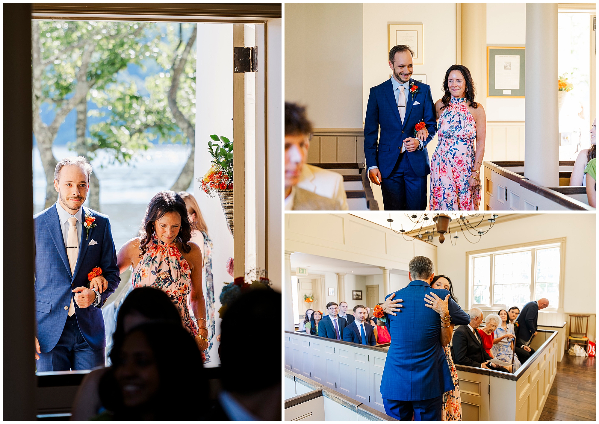 Man in a blue suit and woman in a floral dress walk down the aisle of the bright chapel, greet guests and hug a man at the front.