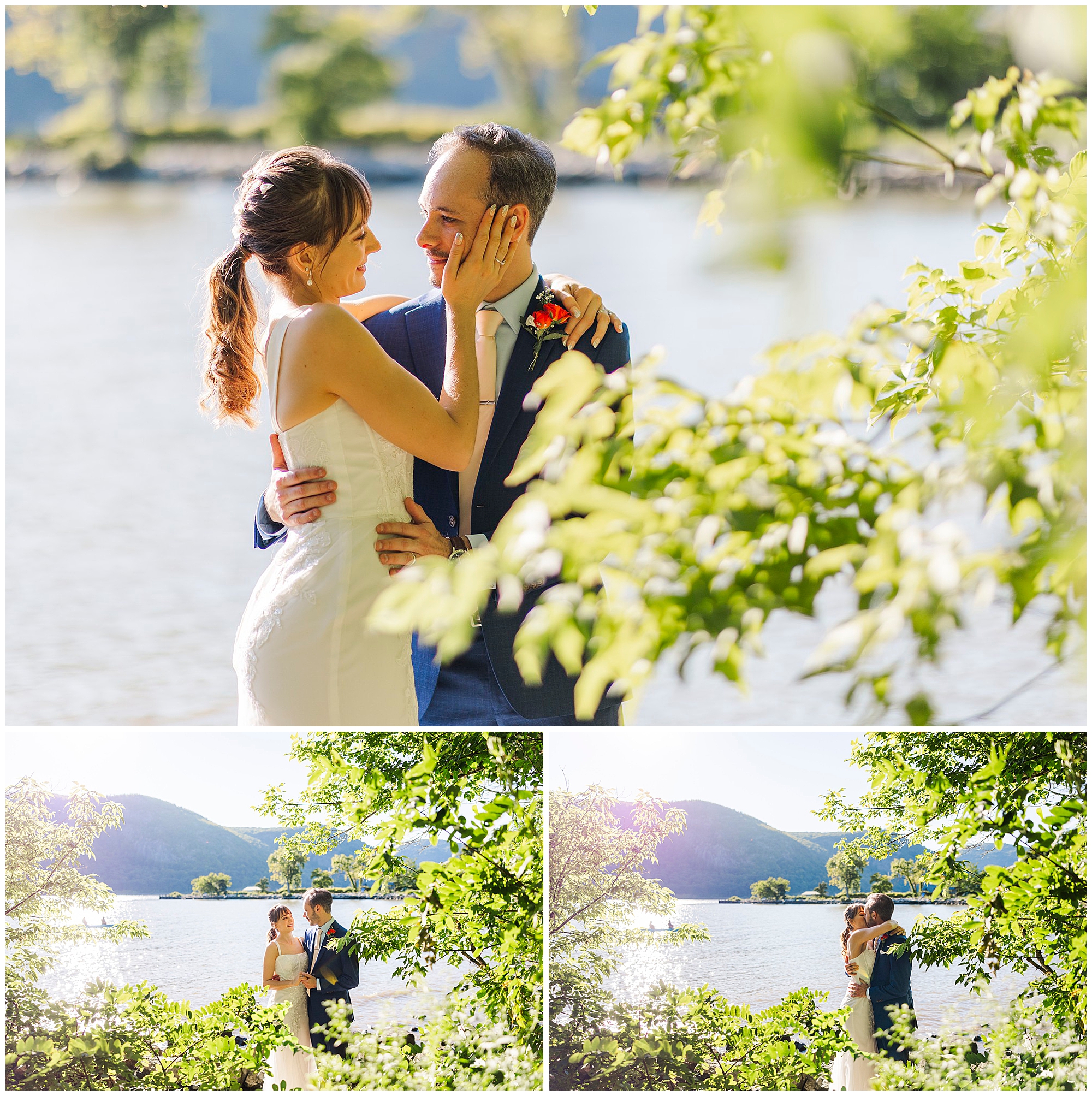 Three photos of the bride and groom embracing and smiling by the river, surrounded by greenery and sunlight.