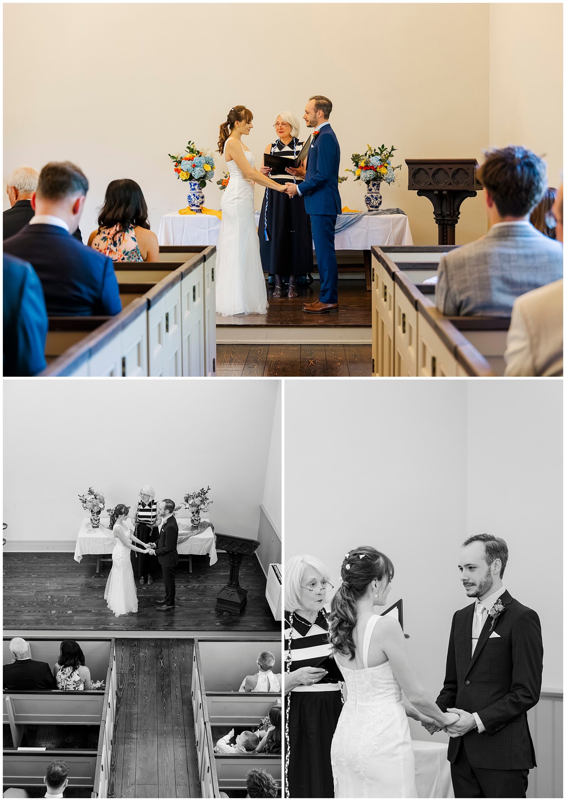 Bride and groom exchange vows at the altar of The Chapel Restoration in Cold Spring, with guests seated and an officiant leading the ceremony.