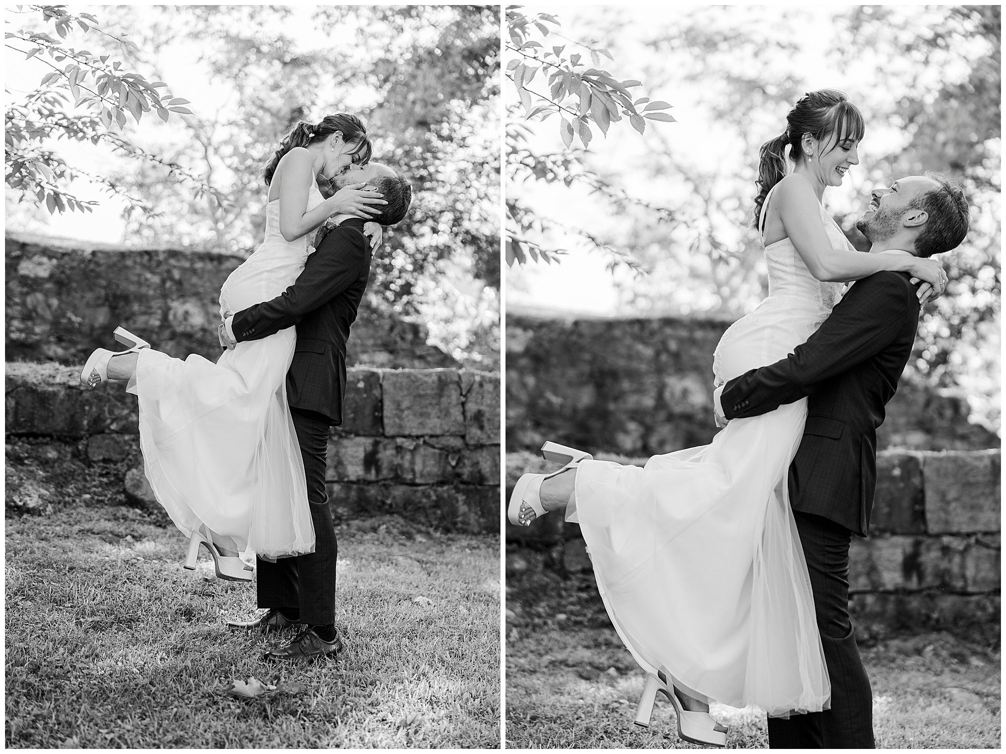 Black and white photos of the groom lifting his laughing bride, with stone walls and trees behind them.