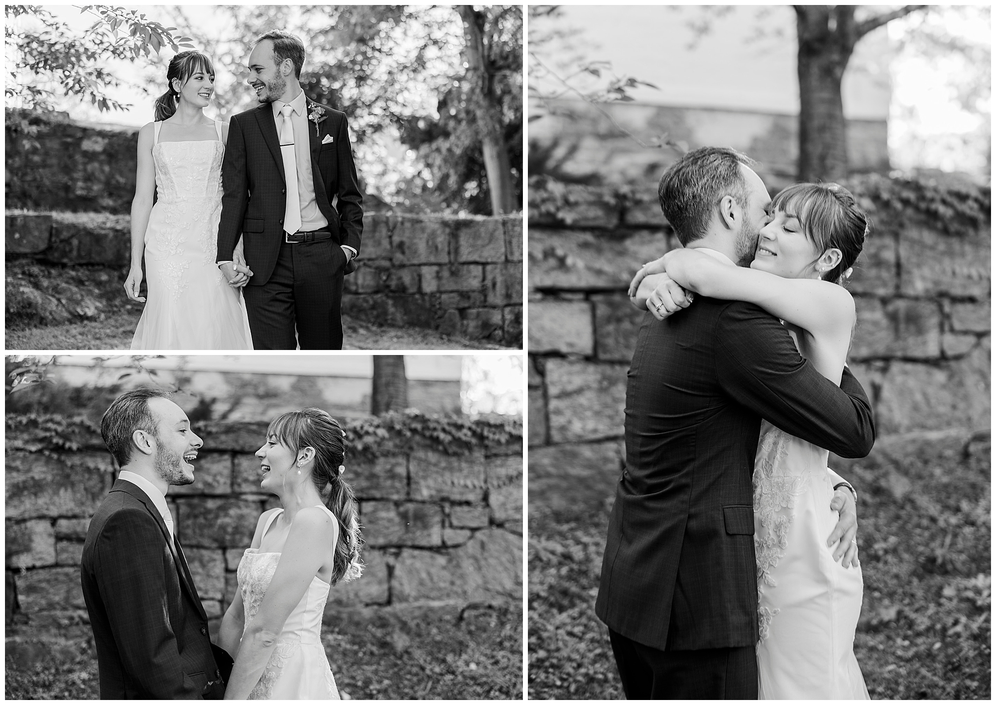Three black and white photos of the bride and groom smiling, holding hands and embracing in front of a stone wall and trees.
