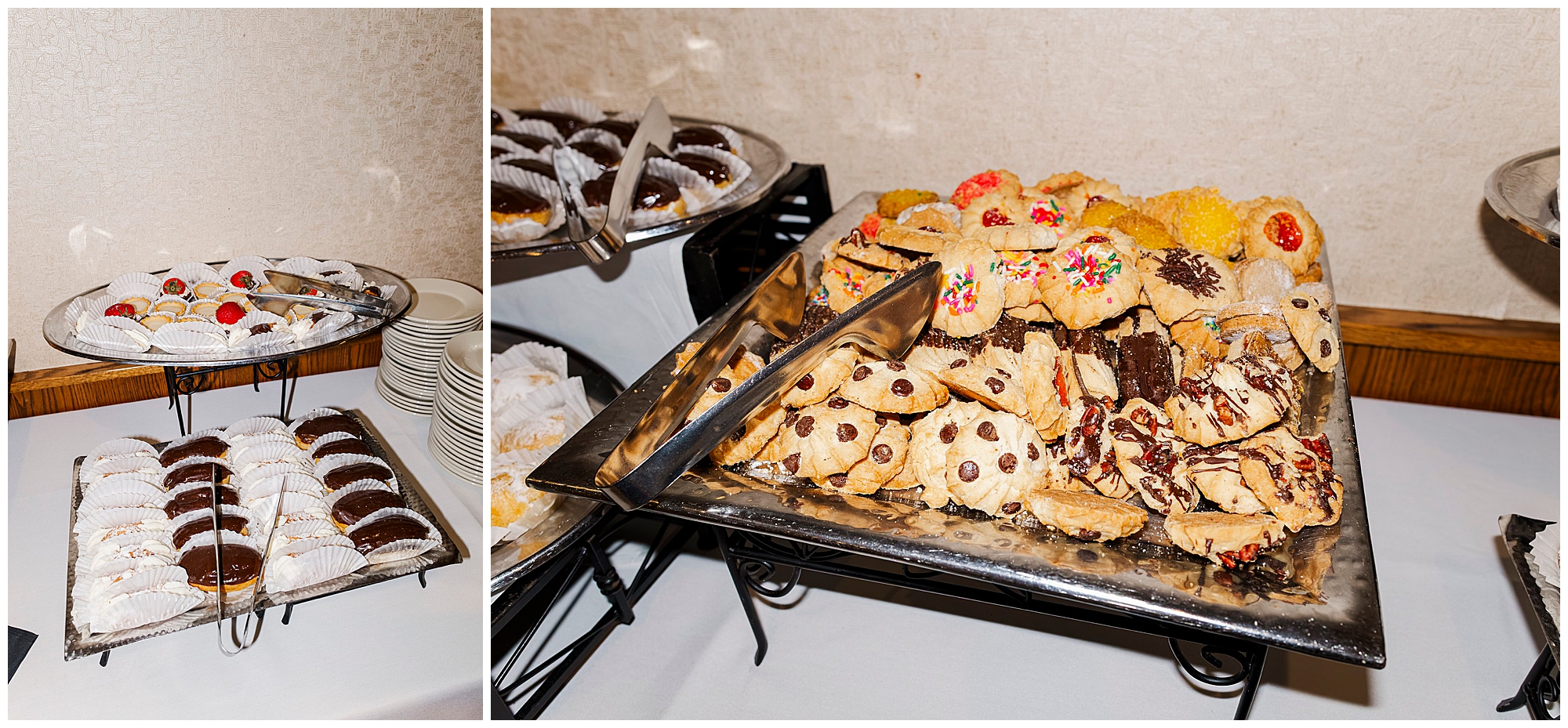 Dessert table with trays of chocolate chip cookies, rainbow sprinkle cookies and other pastries, with tongs for serving.