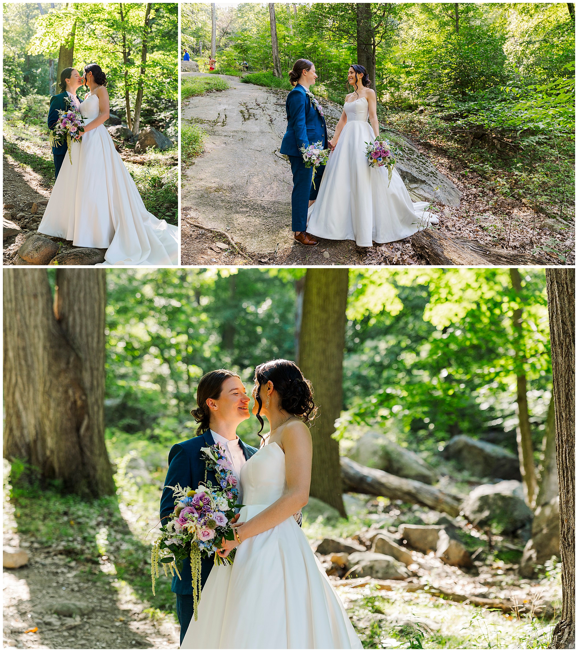 Three poses of the brides standing close in a sunlit forest, holding a bouquet and smiling at each other.