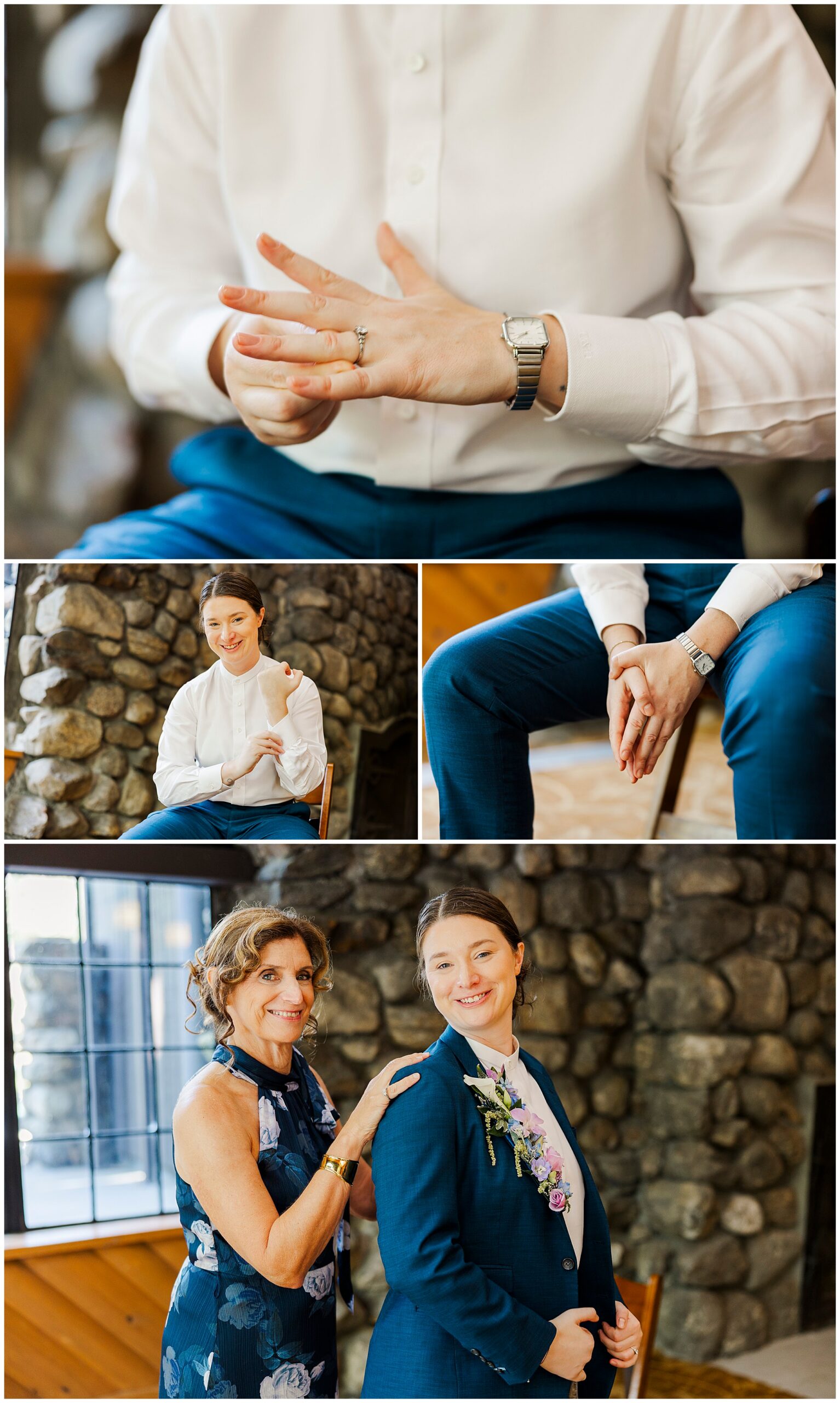 Bride in a suit sits and adjusts a ring before the ceremony, then smiles beside an older woman inside a room with stone walls.
