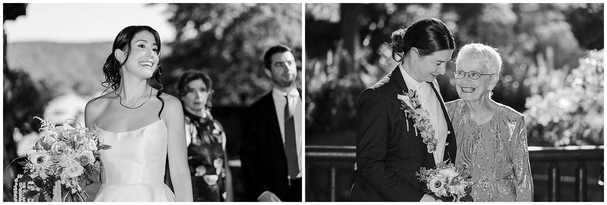 Two black and white photos, one of a smiling bride holding her bouquet and one of the bride in a suit leaning toward an elderly woman.
