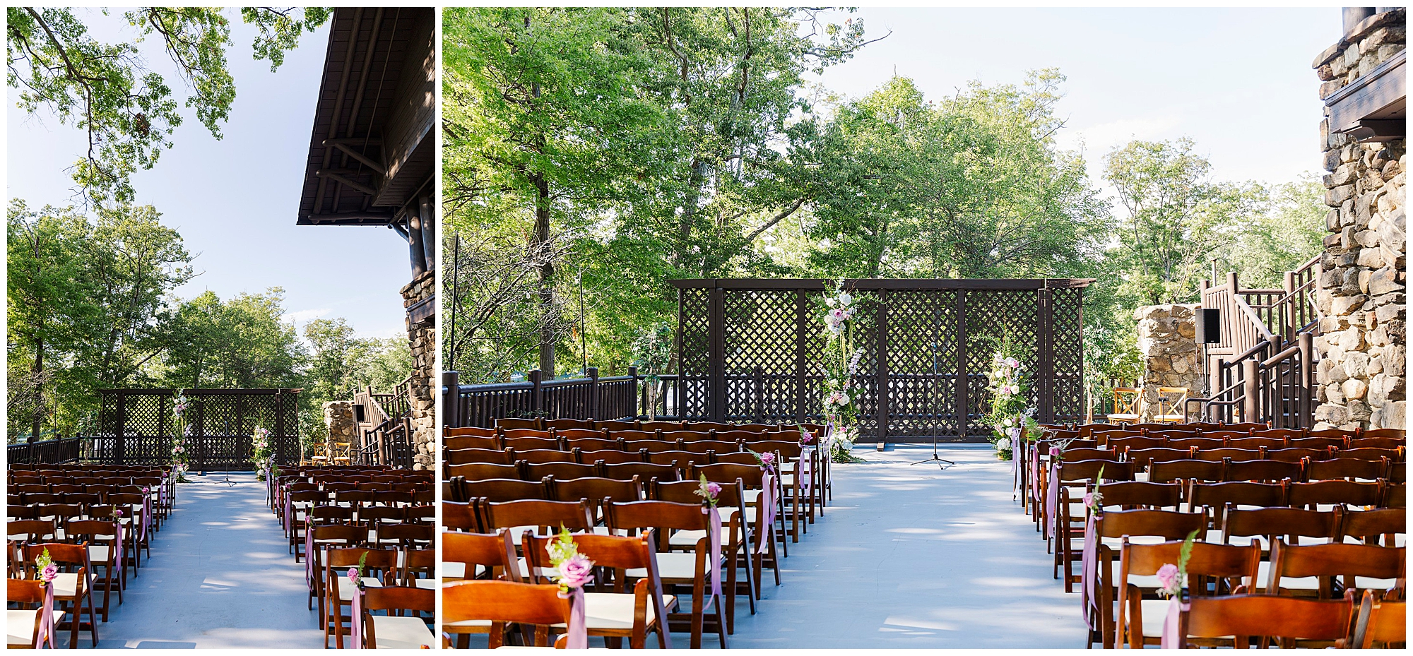 Rows of wooden chairs face a flower-decorated wooden arbor, surrounded by trees and stone buildings under a clear sky.