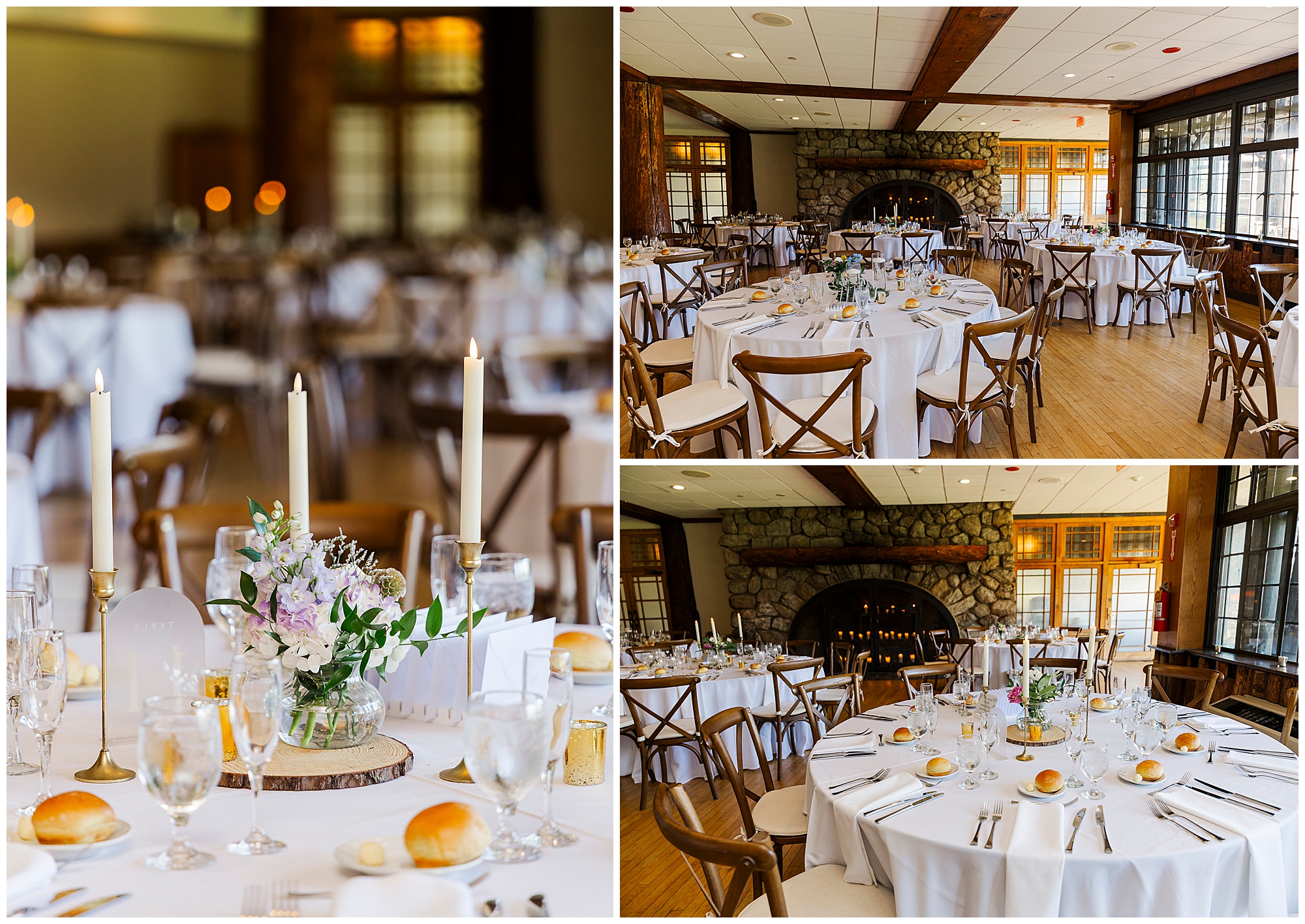 Collage of reception tables set with white linens, floral centerpieces, candles and glassware in a bright room with wood and stone details.