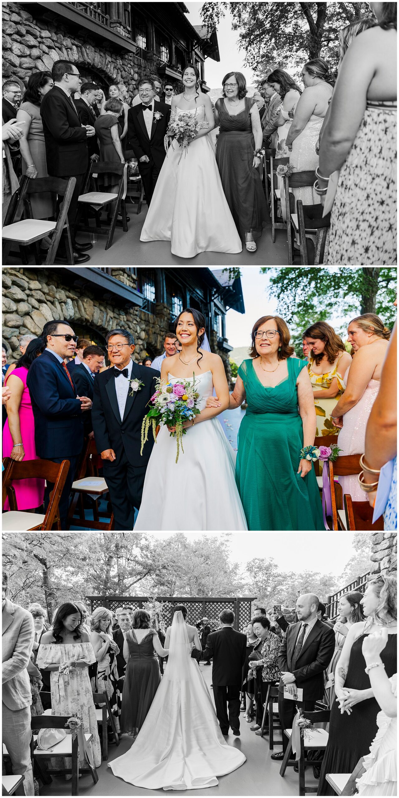 Bride in a white gown walks down the aisle with her smiling parents as guests stand and watch.
