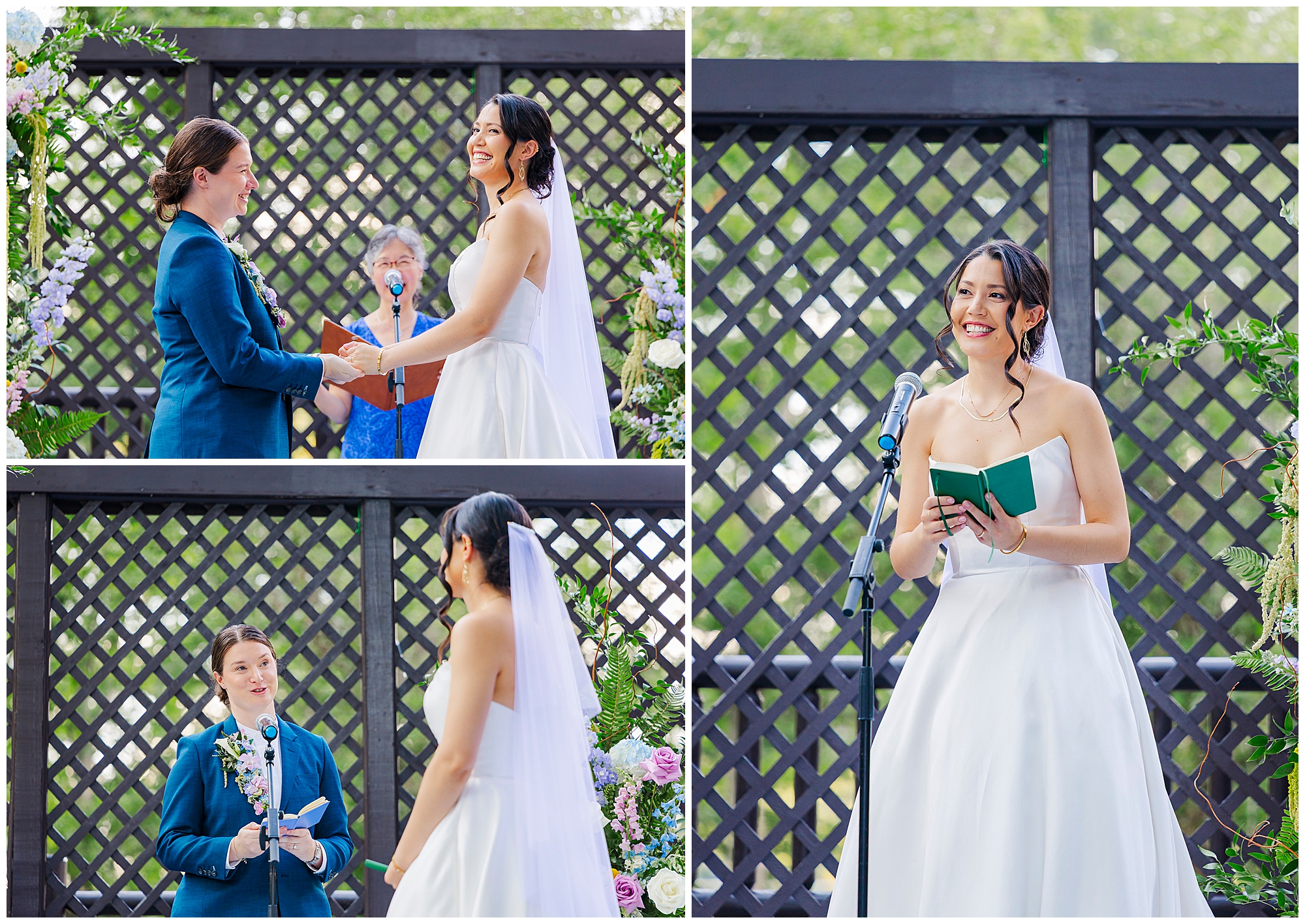 Brides smile and hold hands during their vows, and the bride in white reads into a microphone from a small green book.