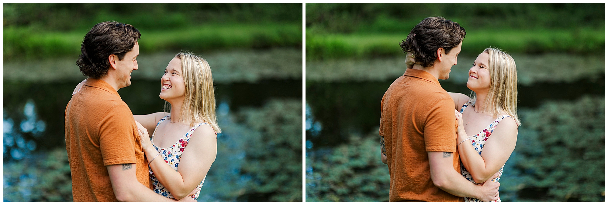 Couple embraces by the water, smiling and looking into each other's eyes against a soft green background.