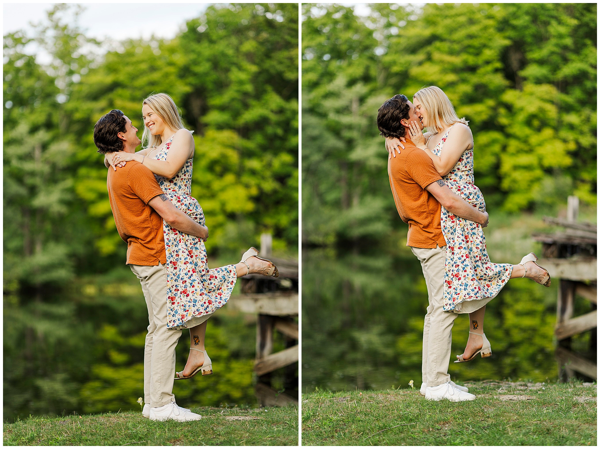 He lifts her as they smile at each other, then they share a kiss with green trees and water behind them.