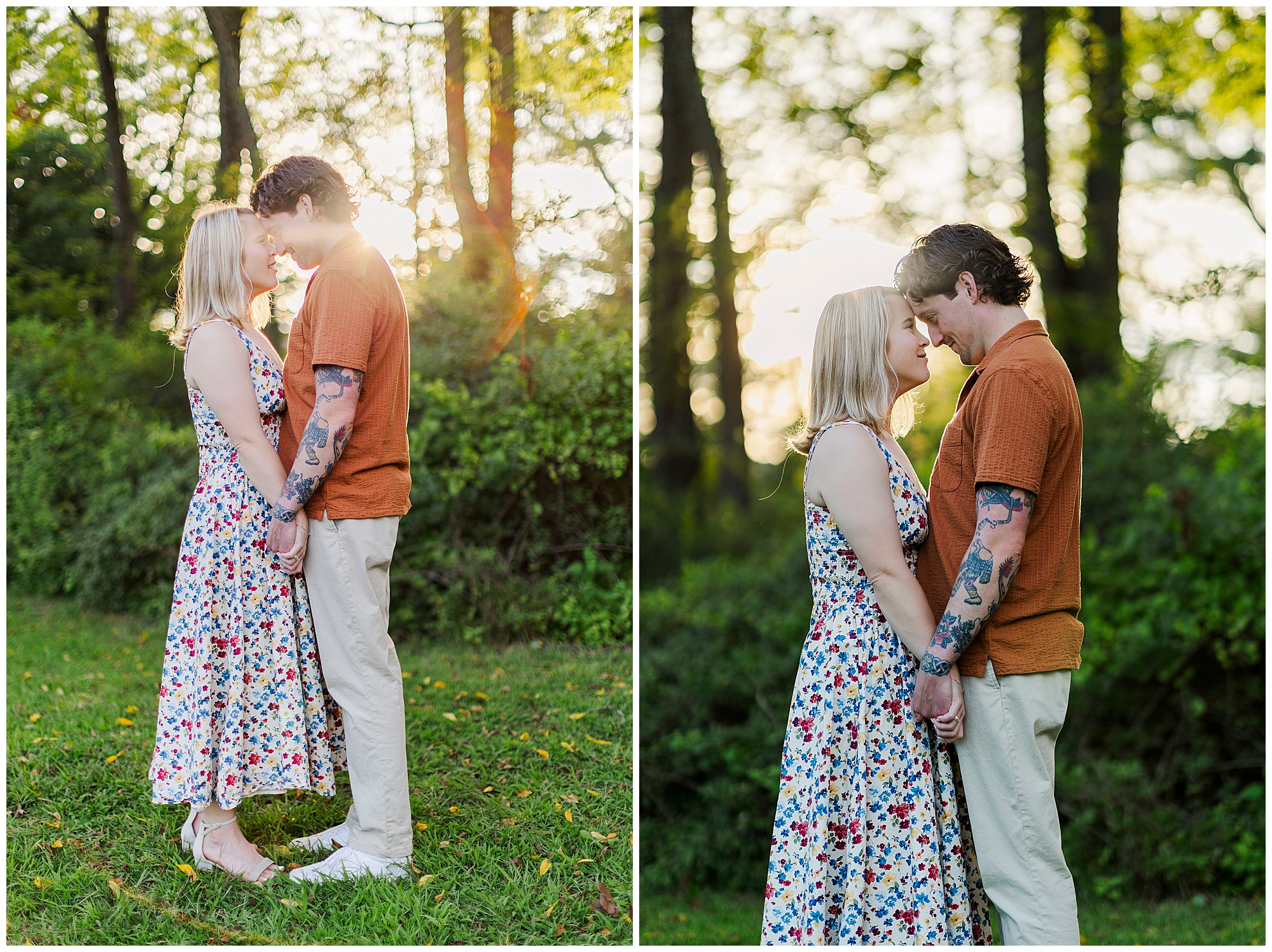 Couple stands face to face holding hands and touching foreheads, surrounded by greenery and soft sunlight.