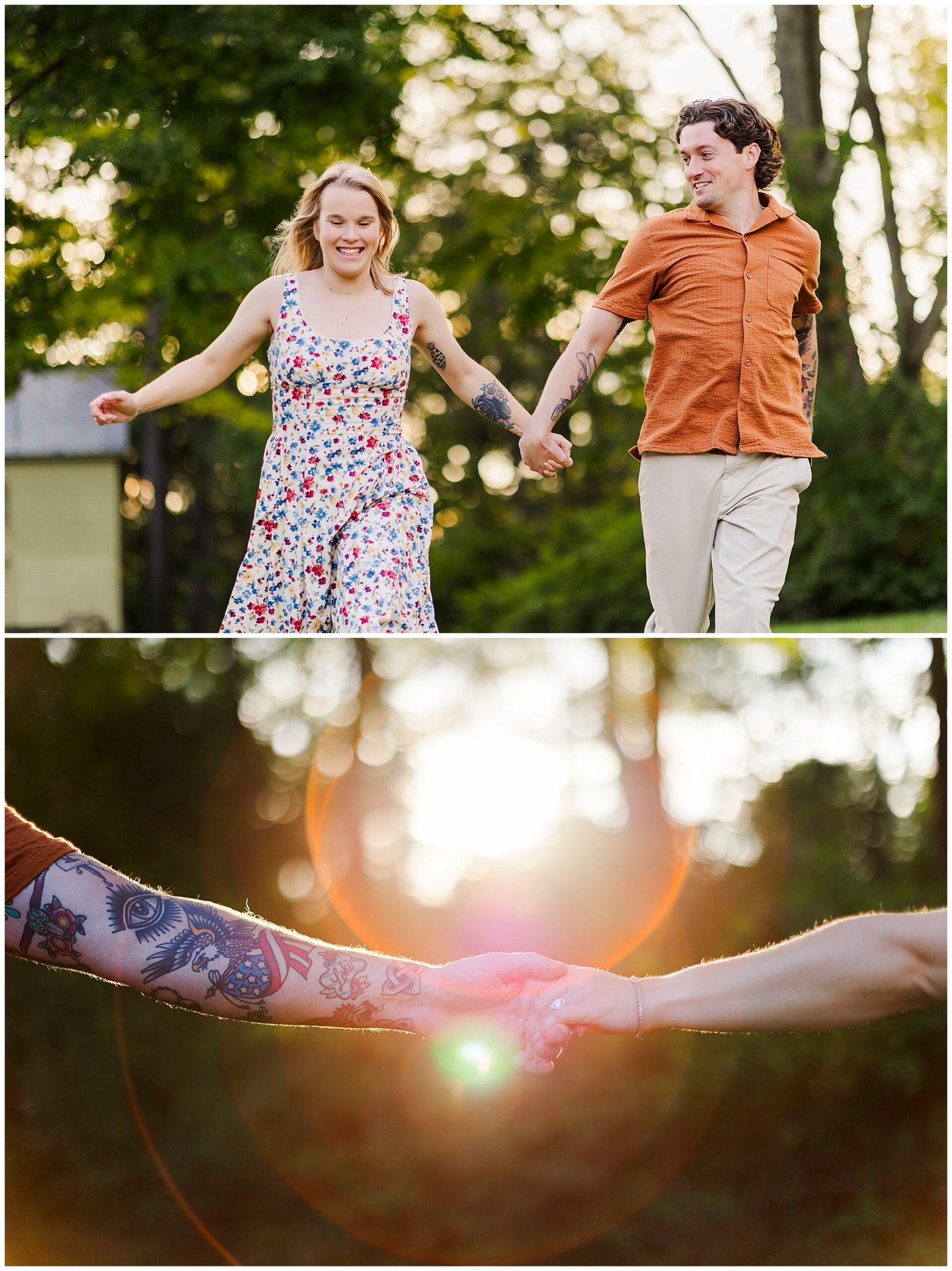 Smiling couple holds hands and runs across the grass, beside a close-up of their tattooed arms joined in the sunlight.