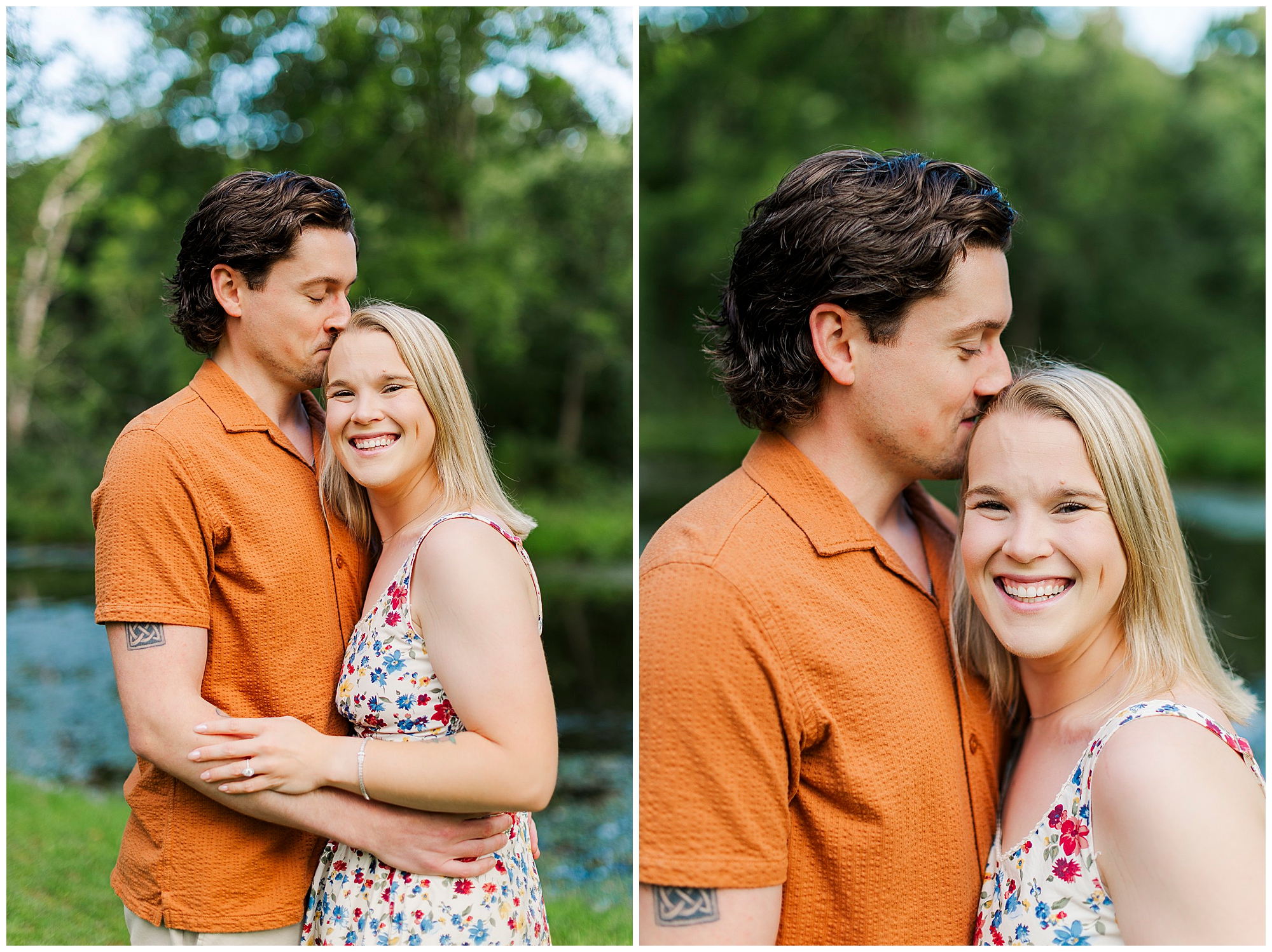 He kisses her as she smiles by the pond, in a green, wooded setting.