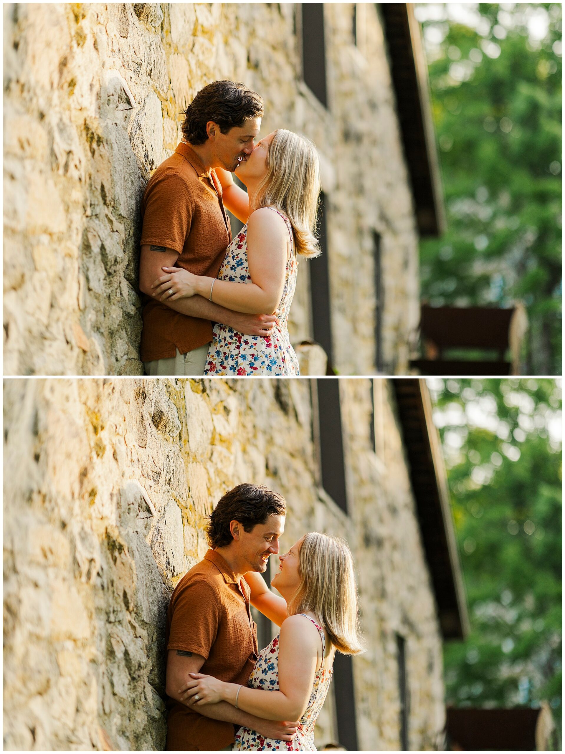 Two portraits of the couple standing close by a stone wall, smiling and gazing at each other.