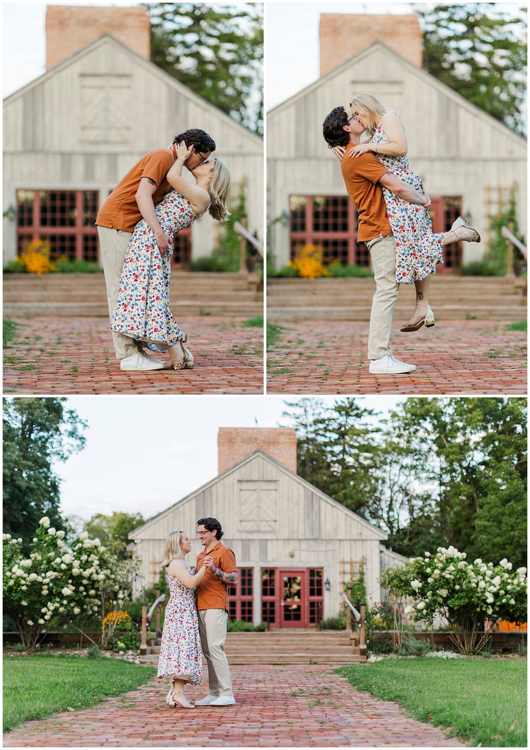 Couple in summer clothes dances, kisses and embraces on a brick path in front of a rustic wooden building at Waterloo Village.
