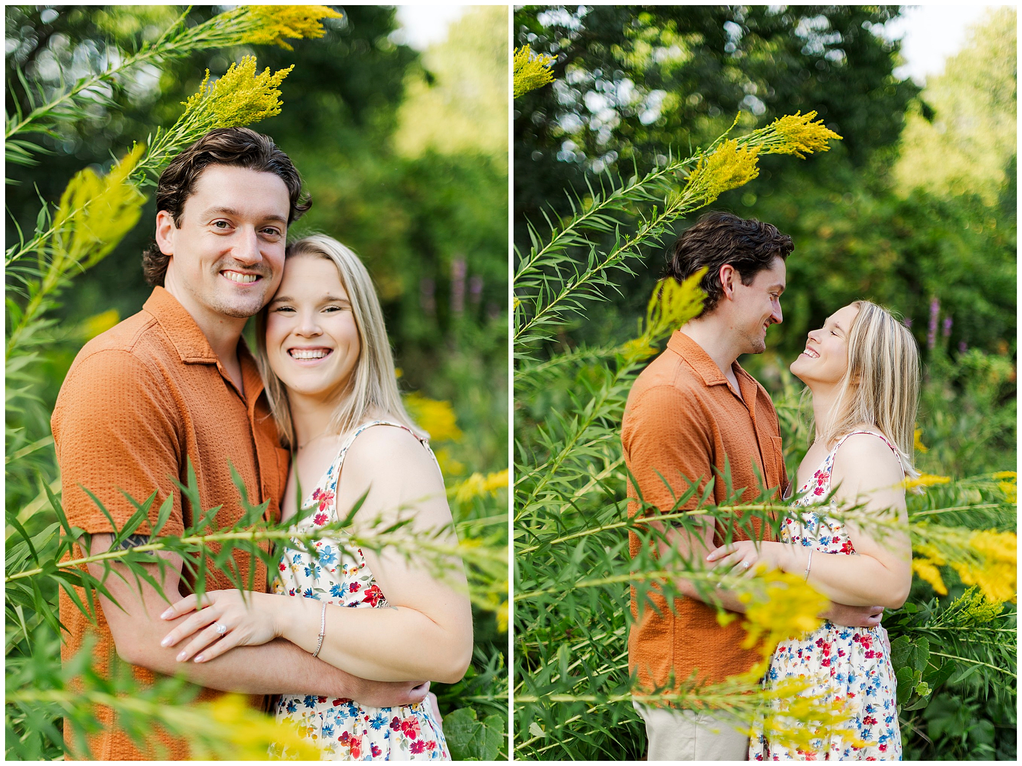 Smiling couple stands close together in a lush green garden with yellow flowers.
