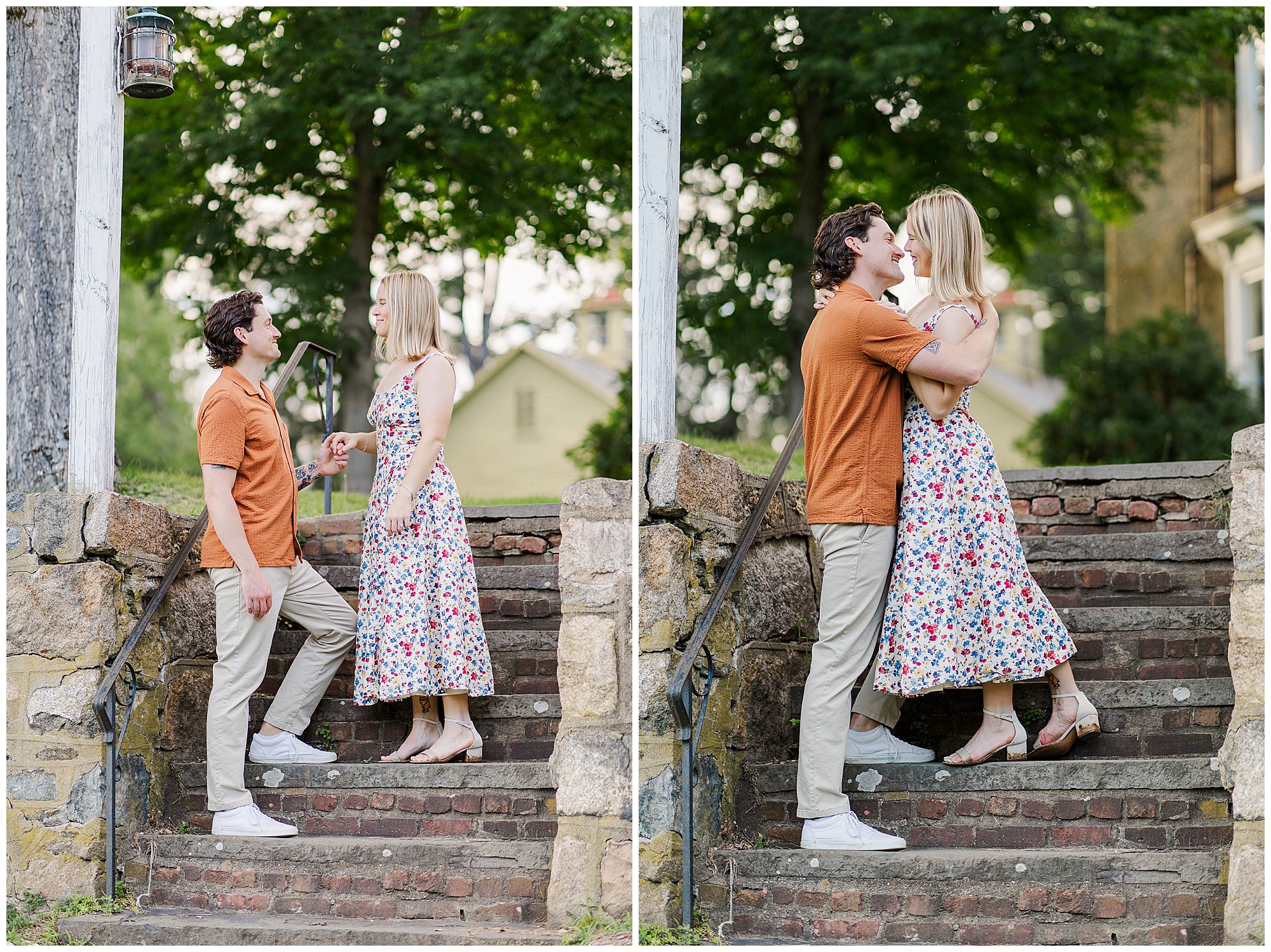 Couple holds hands and smiles on outdoor stone steps, then she rises up on her toes for a kiss.