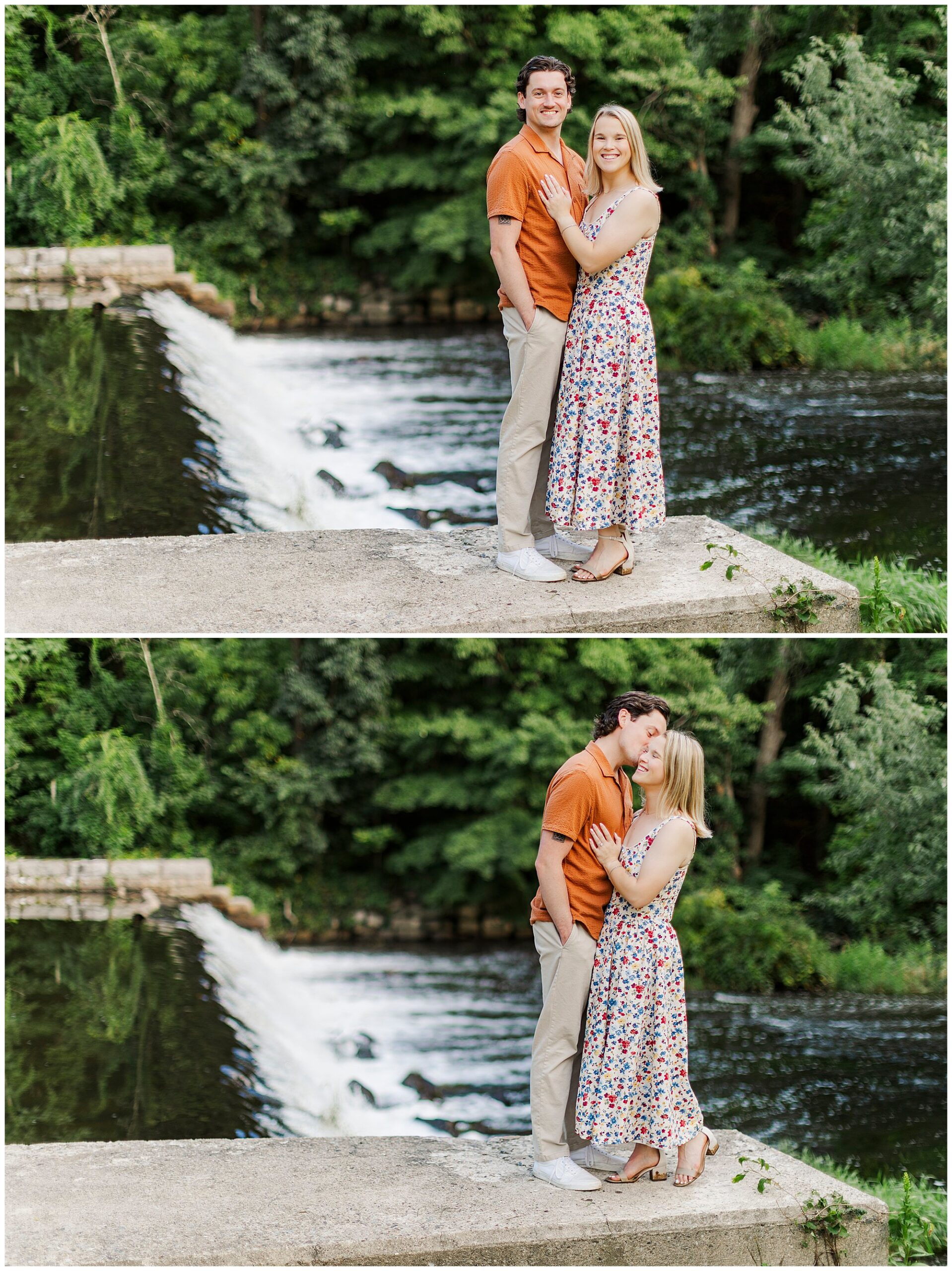 Couple stands on a concrete ledge by a small waterfall, smiling at the camera and then sharing a kiss.
