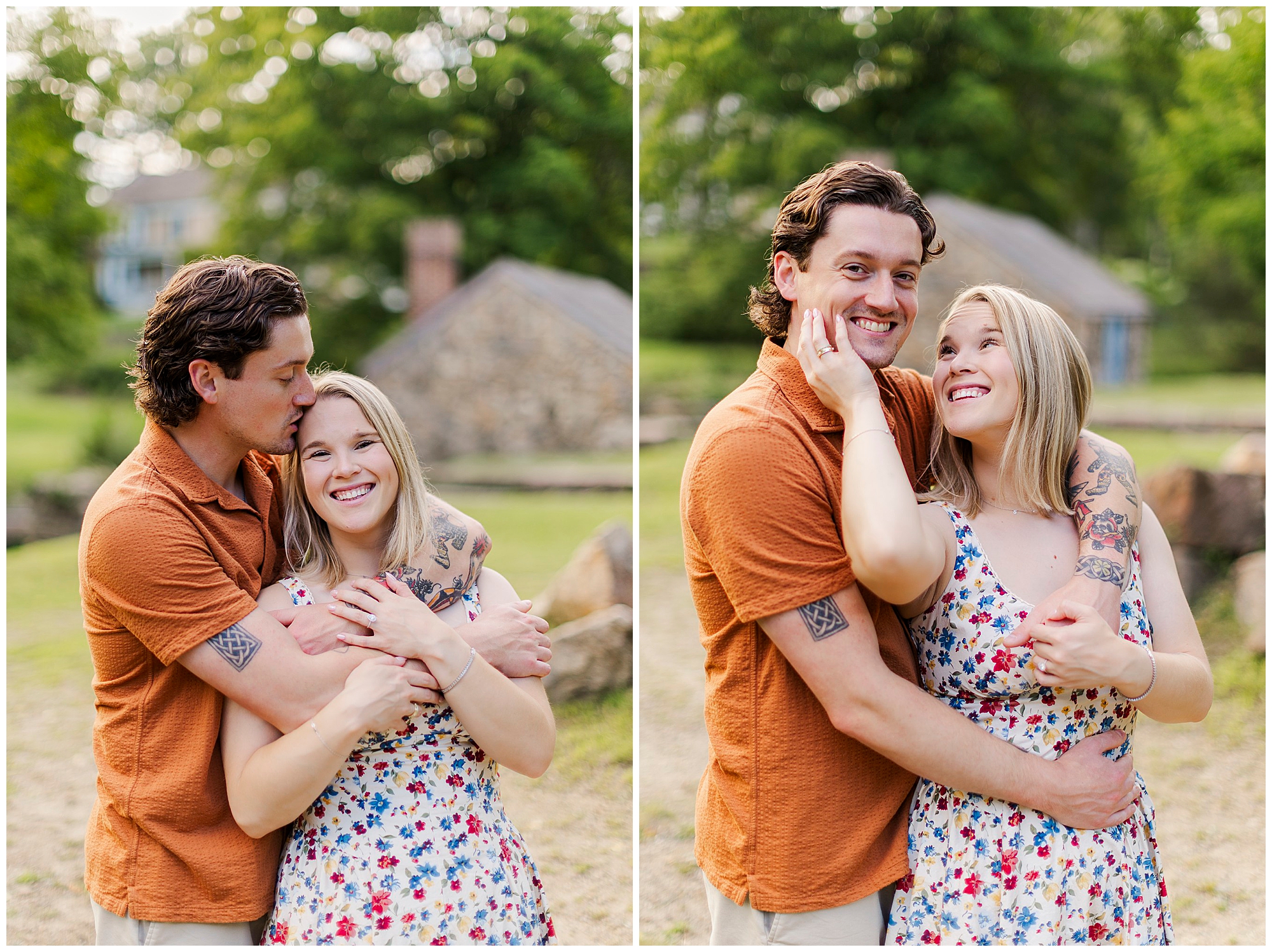 He kisses her head as he hugs her, then they smile as she gently touches his cheek, surrounded by greenery.
