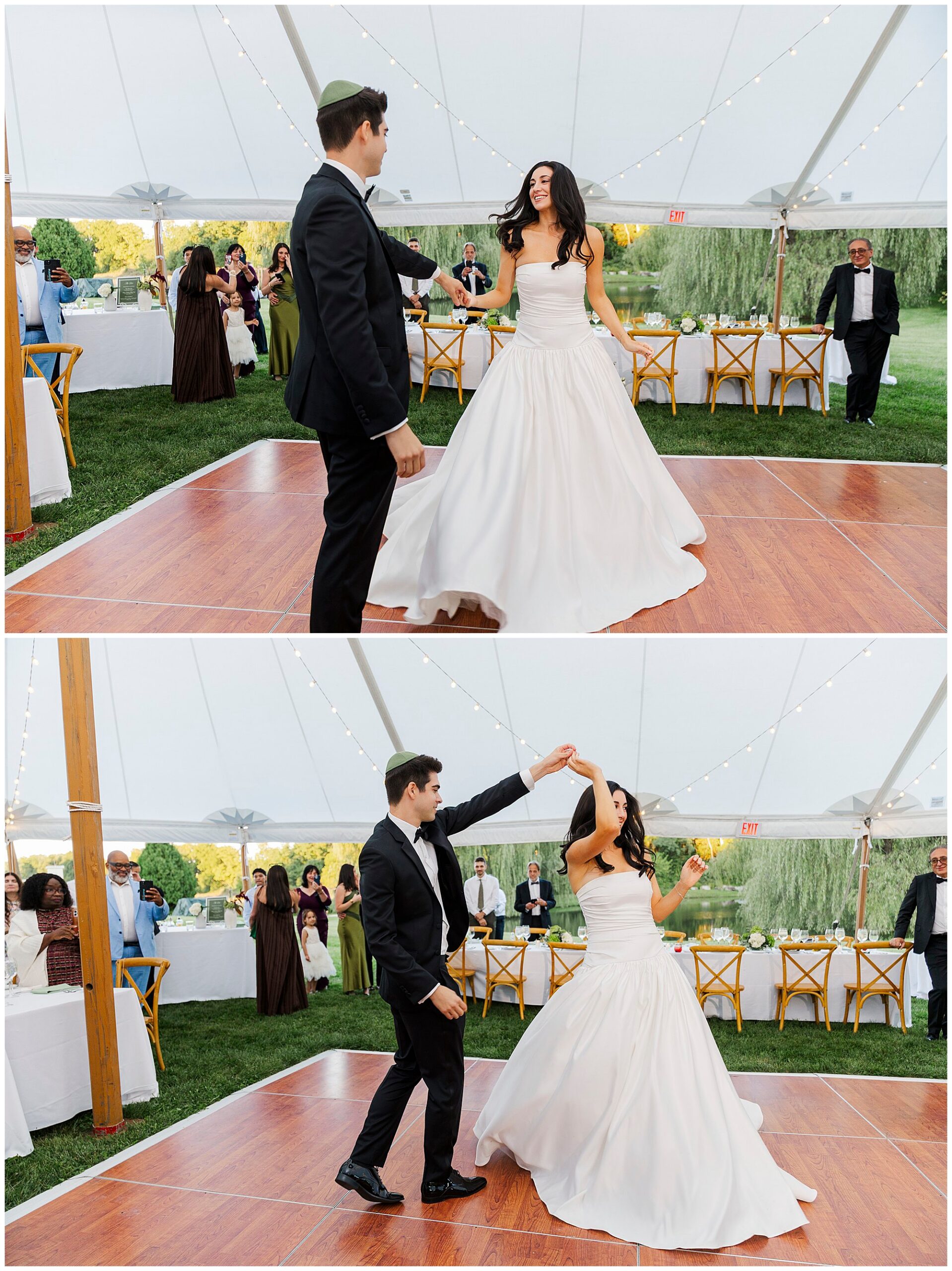 A bride and groom dance together under a white tent at their backyard micro-wedding, smiling and twirling on a wooden dance floor while guests watch in the background.