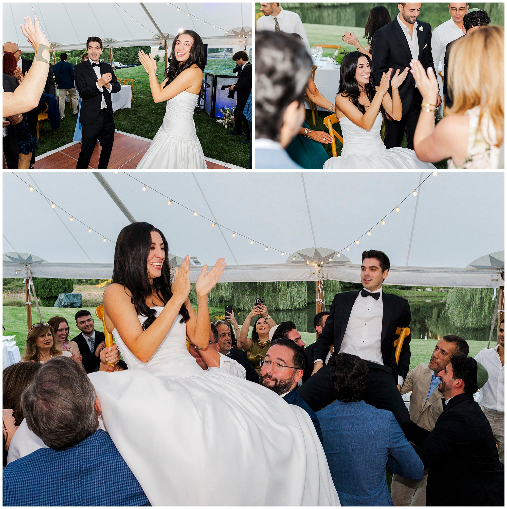 A bride and groom celebrate at their backyard micro-wedding, dancing and being lifted on chairs by guests under a white tent. The bride claps and smiles while the groom looks on, surrounded by friends and family applauding.