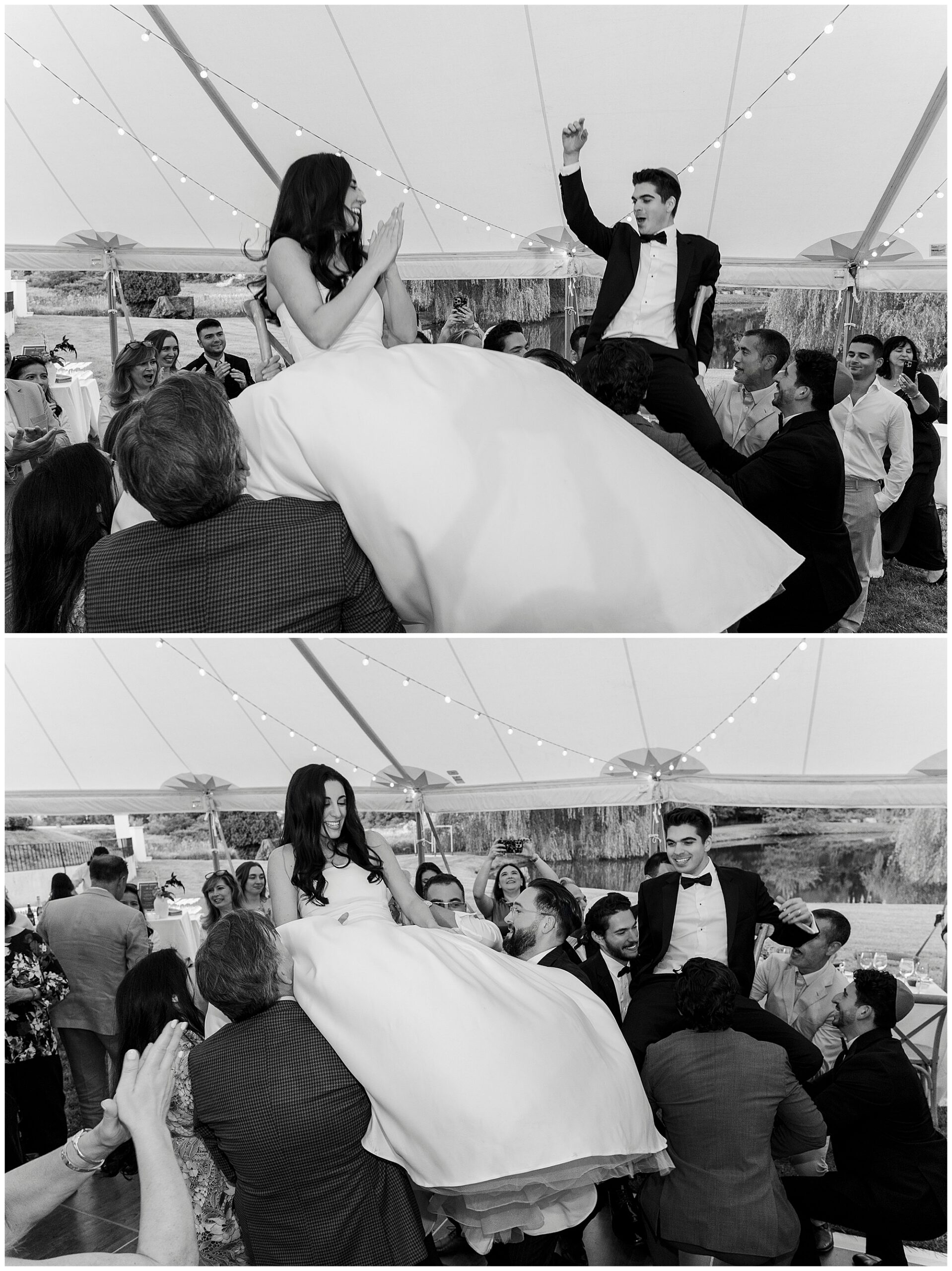 A bride and groom are lifted on chairs by guests during a joyous backyard micro-wedding celebration under a tent, with friends and family surrounding them and clapping.