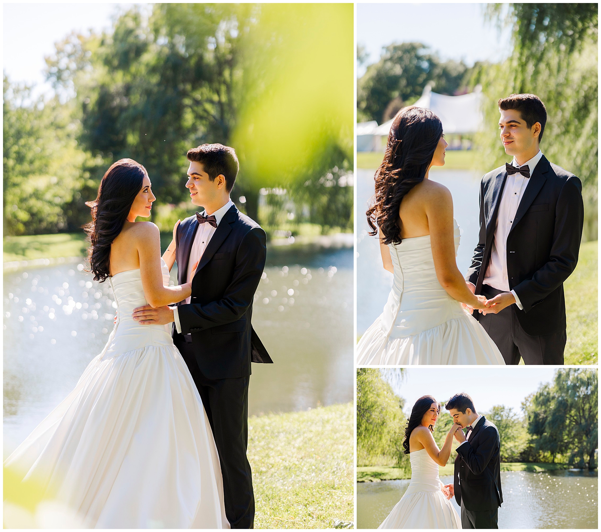 A couple in wedding attire stands by a pond, holding hands and looking at each other lovingly on a sunny day during their intimate backyard micro-wedding.