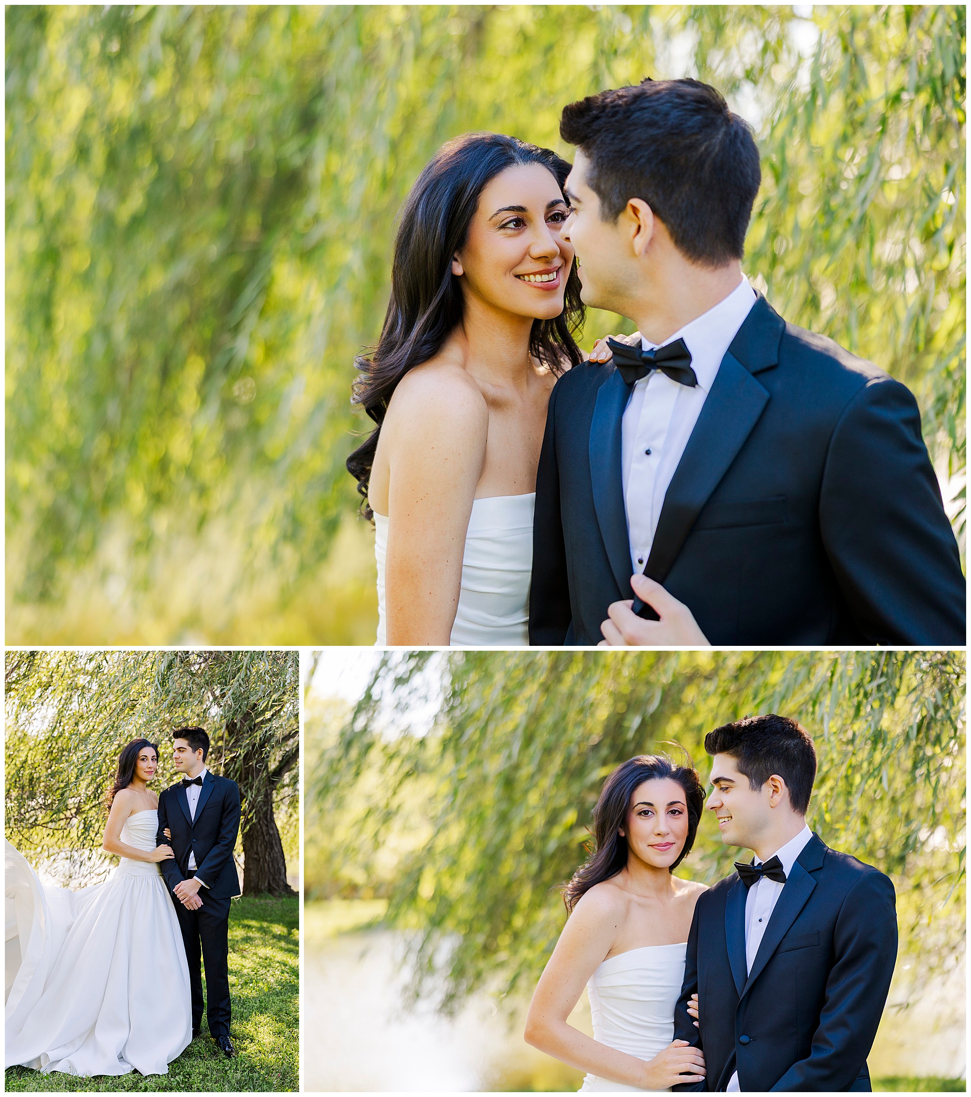 A couple in formal wedding attire poses outdoors under green trees during their backyard micro-wedding. The woman wears a strapless white gown, and the man wears a black tuxedo. They smile and look at each other in different poses.