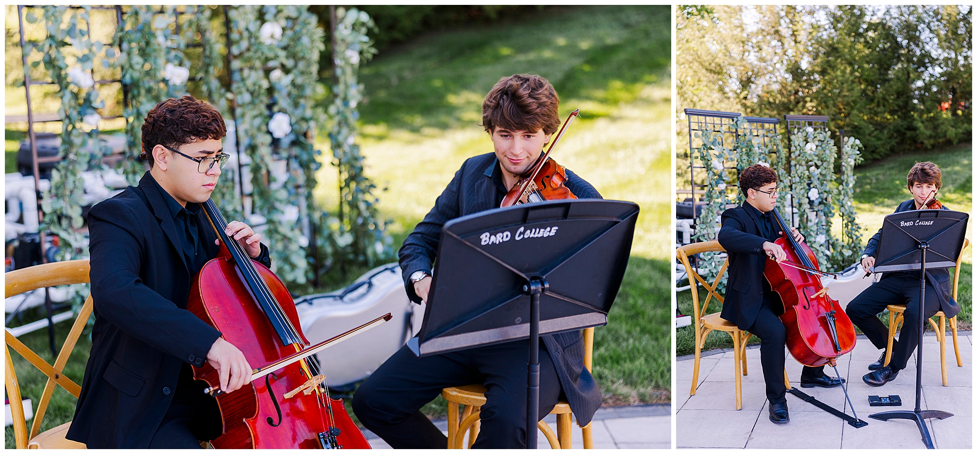 Two young men in black suits play the cello and violin outdoors, seated next to each other with music stands in front of them. Surrounded by greenery and flowers, they create a charming atmosphere perfect for a backyard micro-wedding.