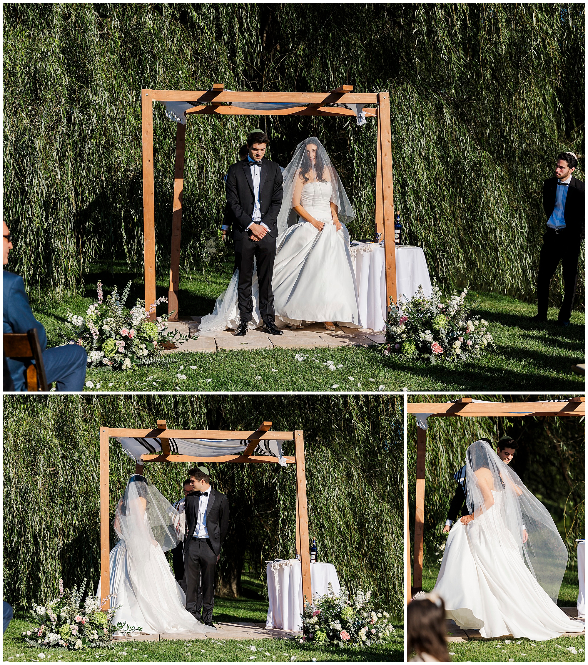 A bride and groom stand under a wooden wedding arch outdoors, surrounded by flowers. In some shots, they hold hands and share a kiss. The sunny setting with green trees in the background creates a charming atmosphere for their backyard micro-wedding.