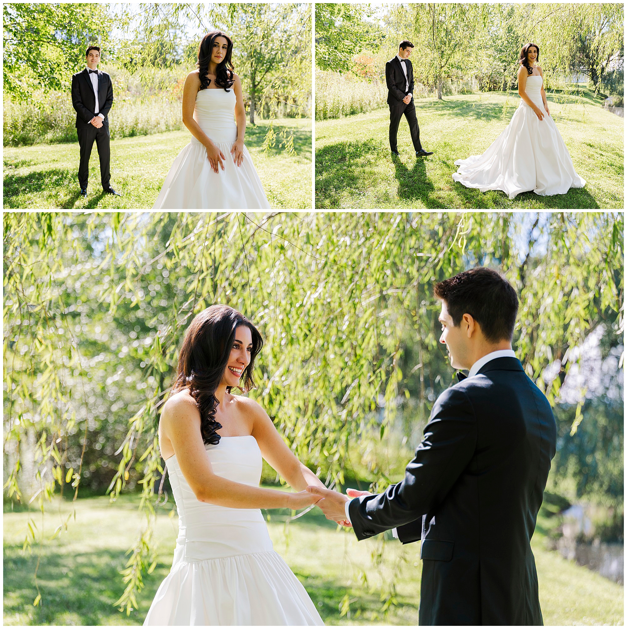 A bride in a white dress and a groom in a black suit share a joyful first look outdoors, standing on grass under green trees and sunlight during their intimate backyard micro-wedding.