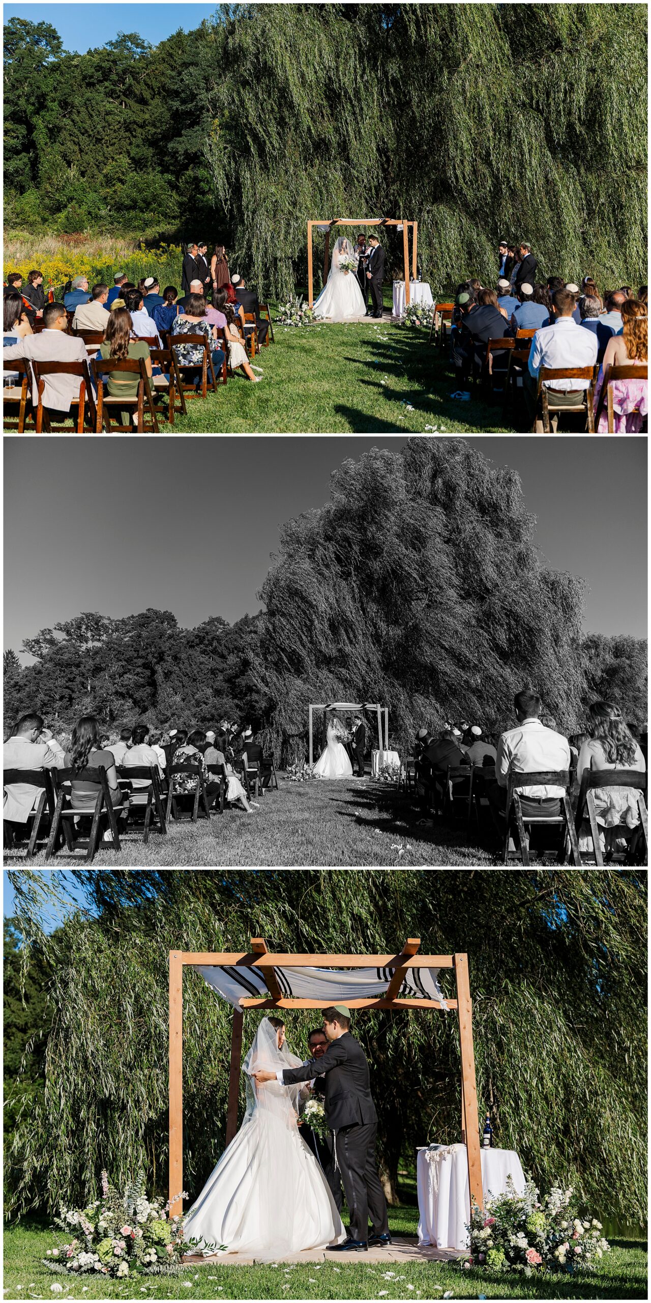 Three photos show an intimate backyard micro-wedding ceremony under a wooden arbor, surrounded by trees, with guests seated on either side of the aisle watching the couple exchange vows.