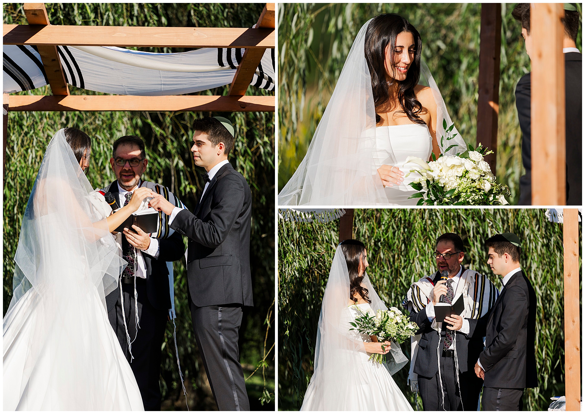 A bride and groom stand under a wooden canopy during their outdoor backyard micro-wedding ceremony, exchanging vows and holding hands, with an officiant present.